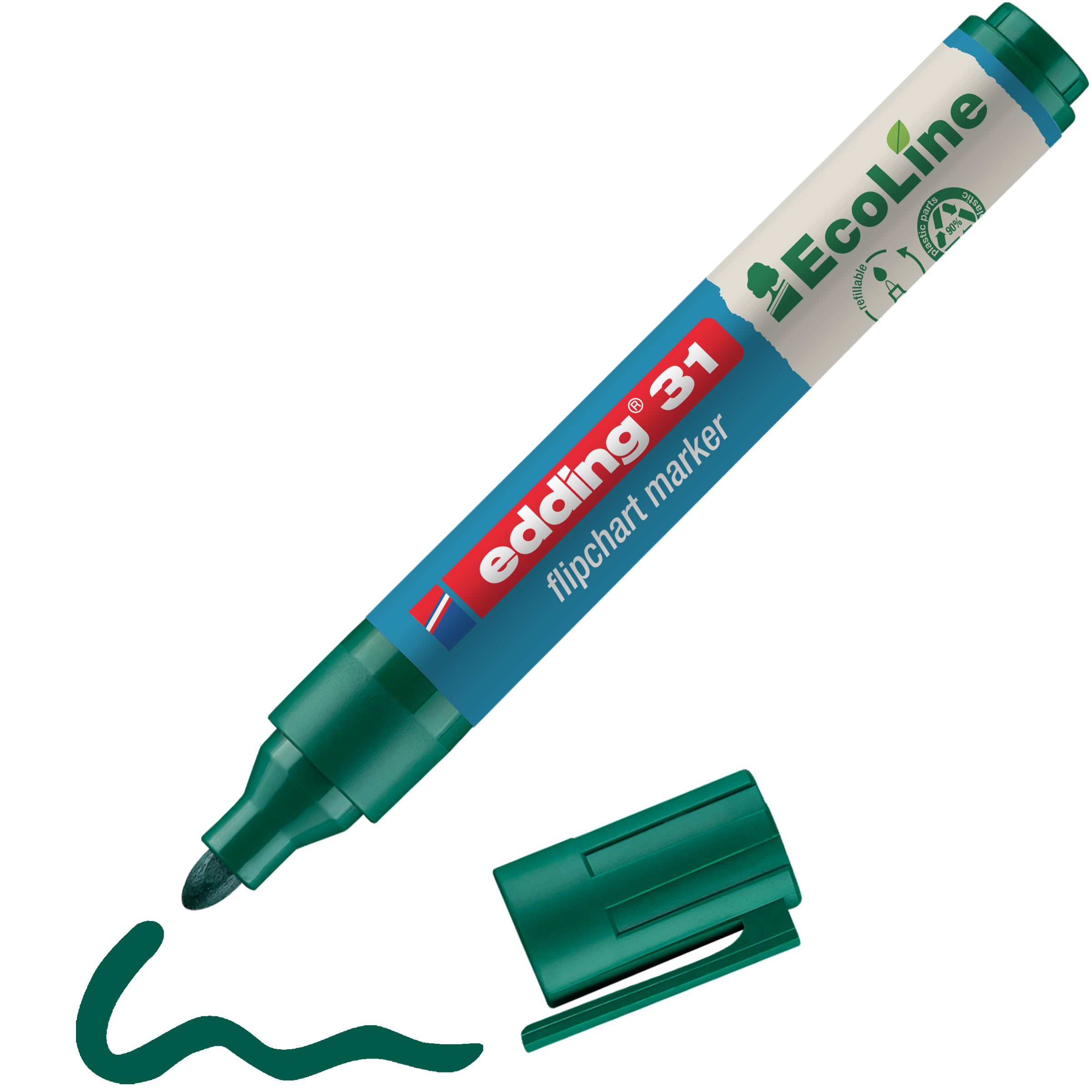 Ein grüner edding 31 EcoLine Flipchartmarker von edding aus recyceltem Material, mit abgenommener Kappe und gezogener grüner Linie – ideal für nachhaltige Präsentationen.