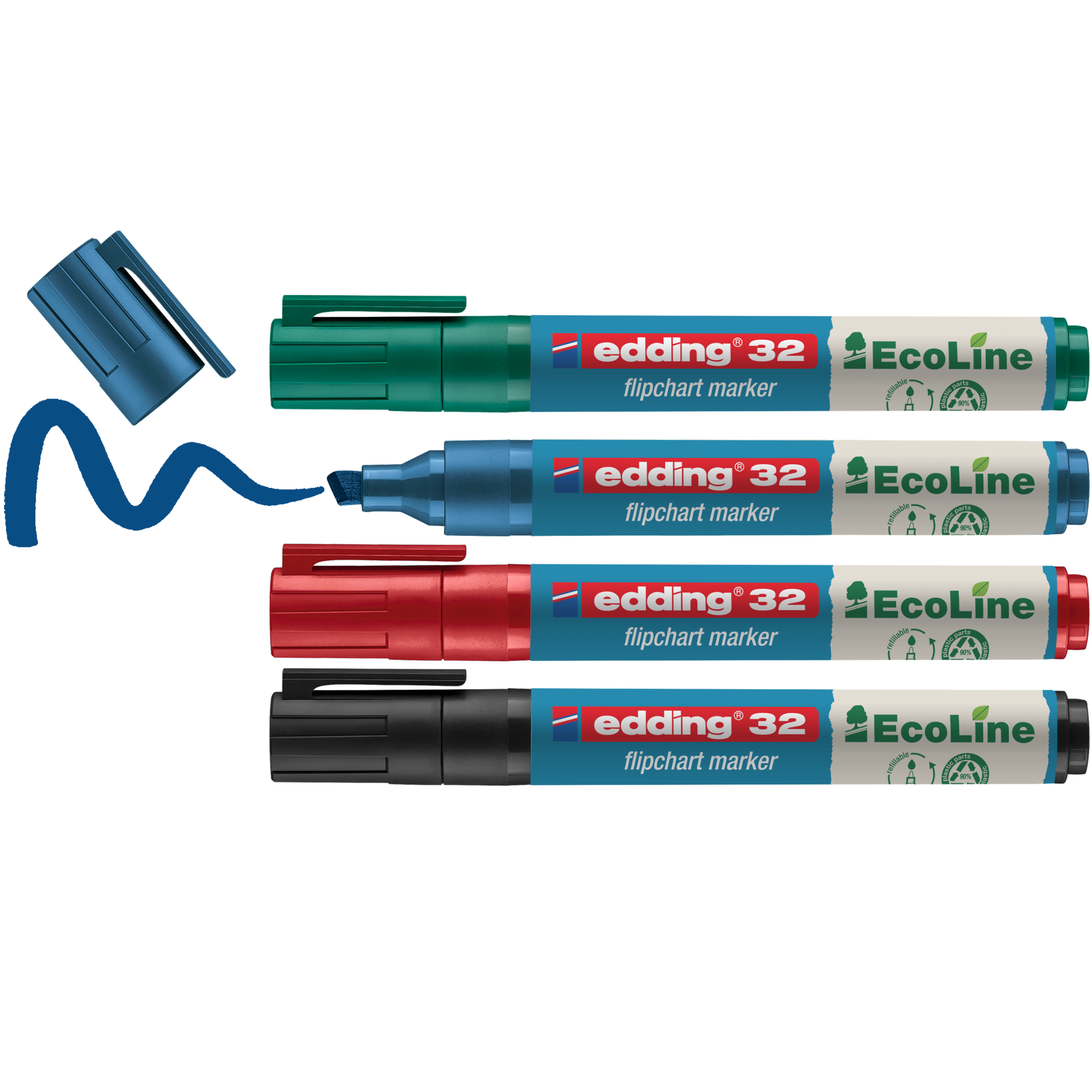 Vier edding 32 EcoLine Flipchartmarker (blau, grün, rot, schwarz) aus recyceltem Material liegen in einer Reihe; Der unbedeckte blaue Marker zieht eine Wellenlinie. Das nachfüllbare 4er-Set zeigt farbige Kappen und Etiketten.