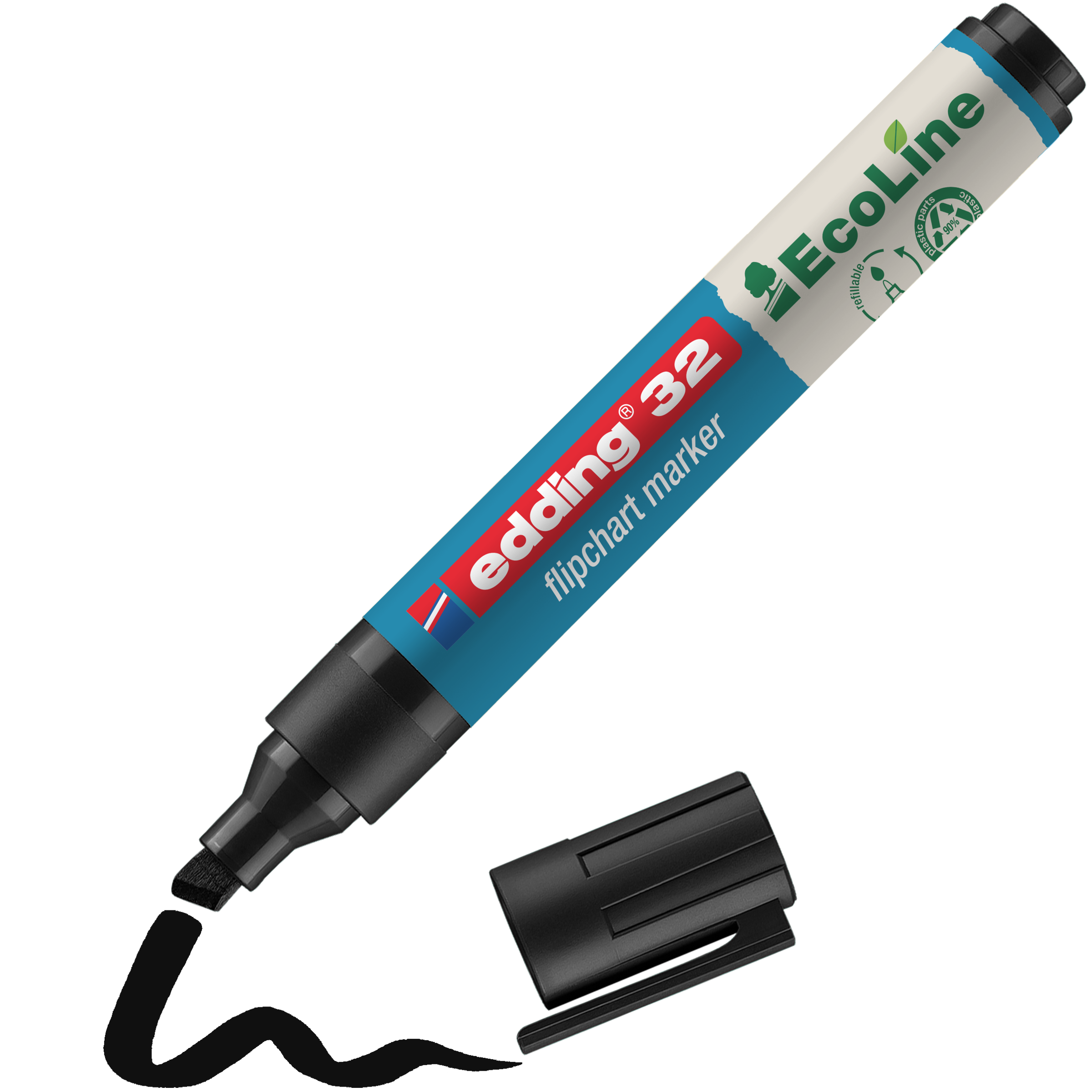Ein schwarzer edding 32 EcoLine Flipchartmarker aus recyceltem Material mit abgezogener Kappe zeichnet eine wellige schwarze Linie; Sein Gehäuse trägt grüne, blaue und rote Etiketten mit umweltfreundlichen Symbolen.