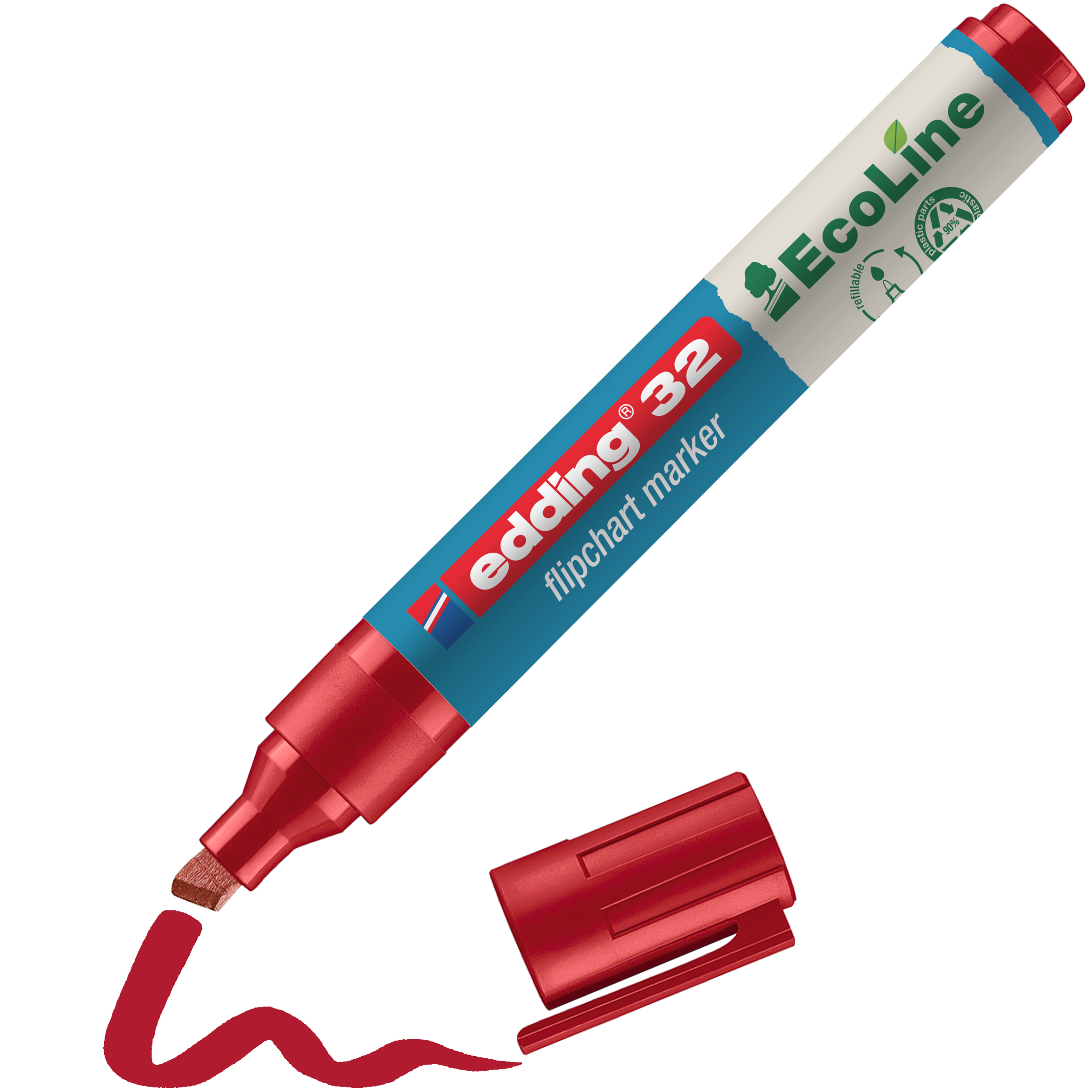 Ein edding 32 EcoLine Flipchartmarker in Rot mit abgezogener Kappe zieht eine wellige Linie. Der Marker von edding hat eine Keilspitze, ist nachfüllbar, besteht aus recyceltem Material und trägt das „EcoLine“-Branding.