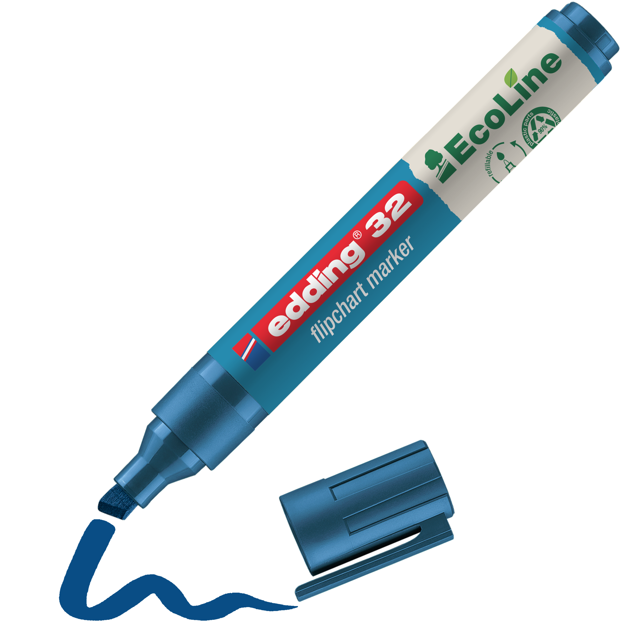Ein blauer edding 32 EcoLine Flipchartmarker von edding aus recyceltem Material, ohne Kappe und mit einer blauen Wellenlinie, die von der nachfĂĽllbaren Spitze ausgeht.