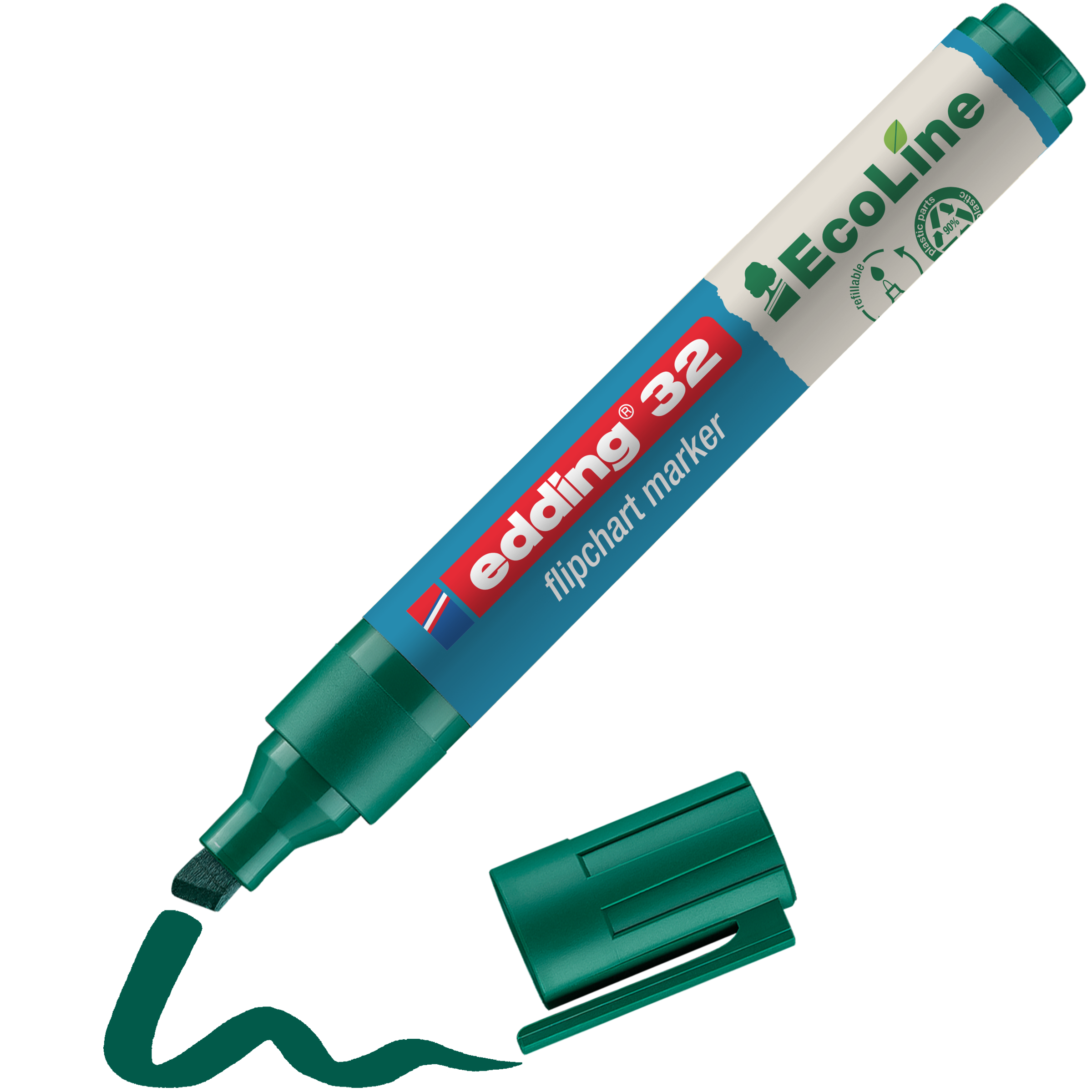 Ein edding 32 EcoLine Flipchartmarker von edding mit abgezogener Kappe zeichnet eine grüne Wellenlinie. Er hat eine Keilspitze, besteht aus Recyclingmaterial, ist nachfüllbar und umweltfreundlich.