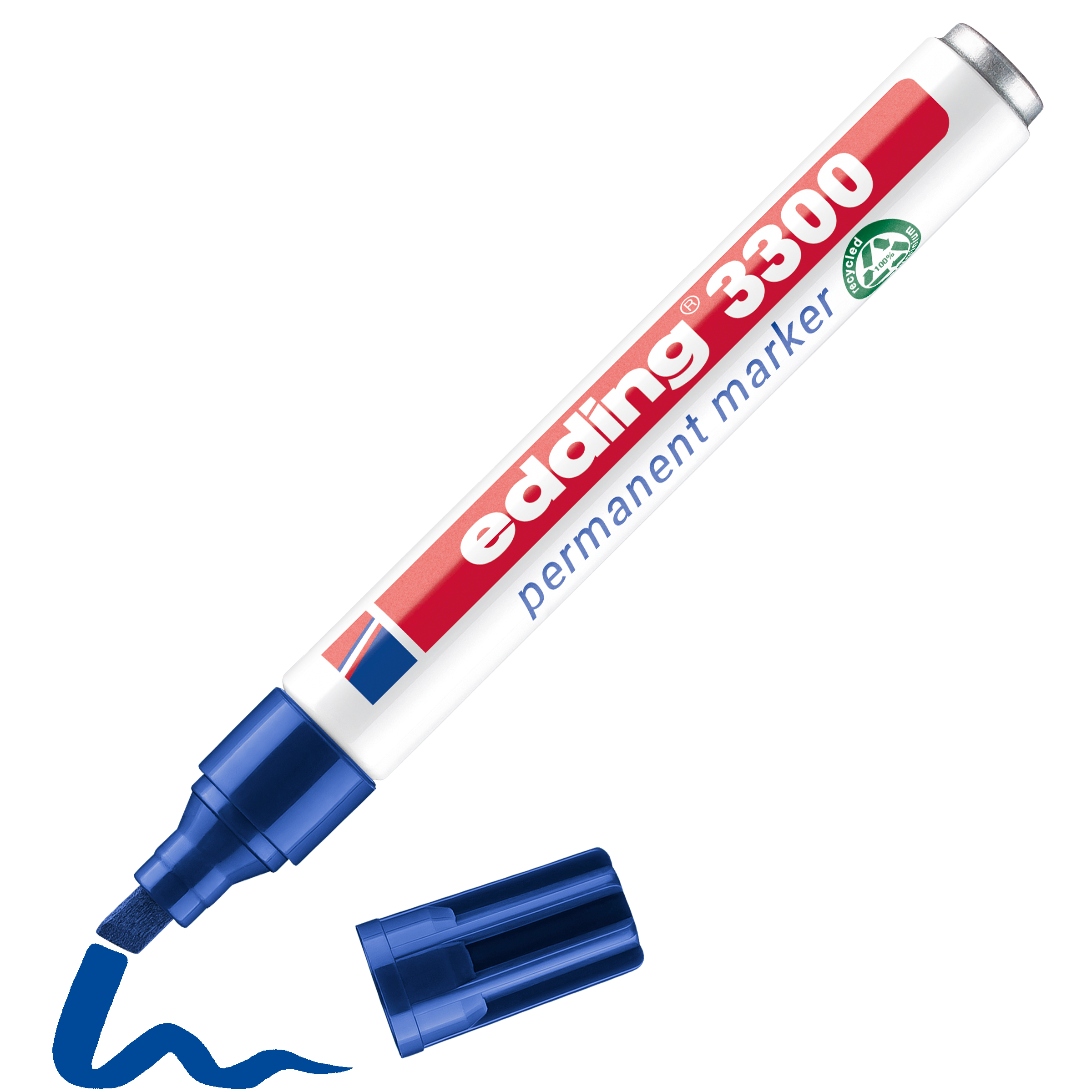 Ein blauer edding 3300 Permanentmarker von edding, hergestellt aus recyceltem Aluminium und ohne Kappe abgebildet, liegt neben einem blauen Kringel auf weißem Hintergrund.