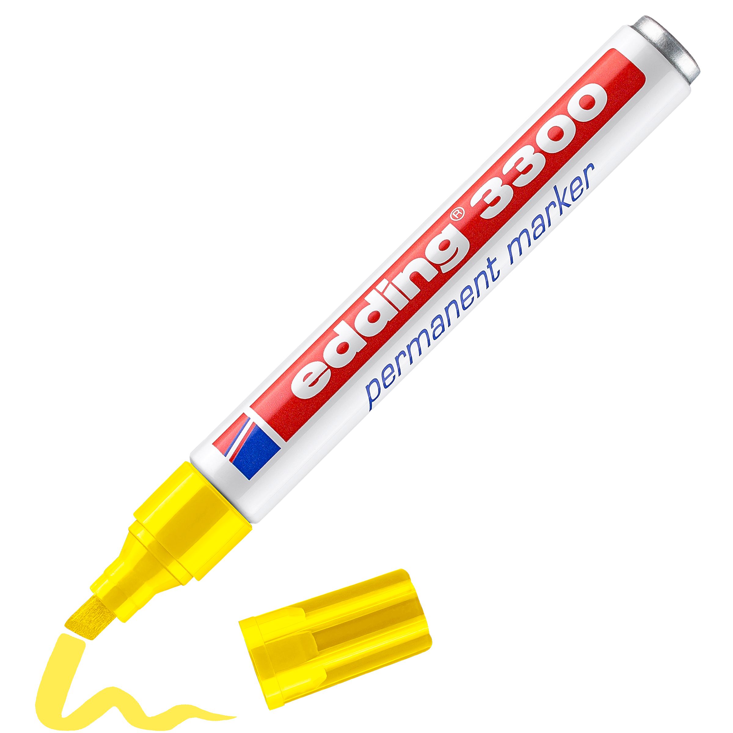 Ein gelber edding 3300 Permanentmarker ohne Kappe zeigt eine Keilspitze und eine gelbe Linie. Der Marker hat ein weiß-rotes Gehäuse, trägt die Aufschrift „edding 3300 Permanentmarker“ und besteht aus recyceltem Aluminium.