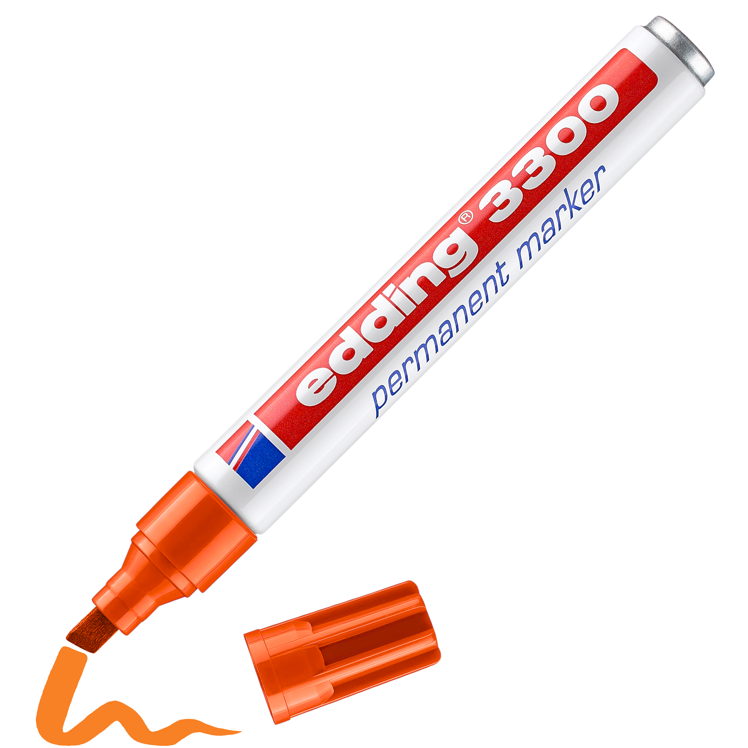 Ein orangefarbener edding 3300 Permanentmarker von edding aus recyceltem Aluminium liegt ohne Kappe daneben und zeichnet eine orangefarbene Wellenlinie.