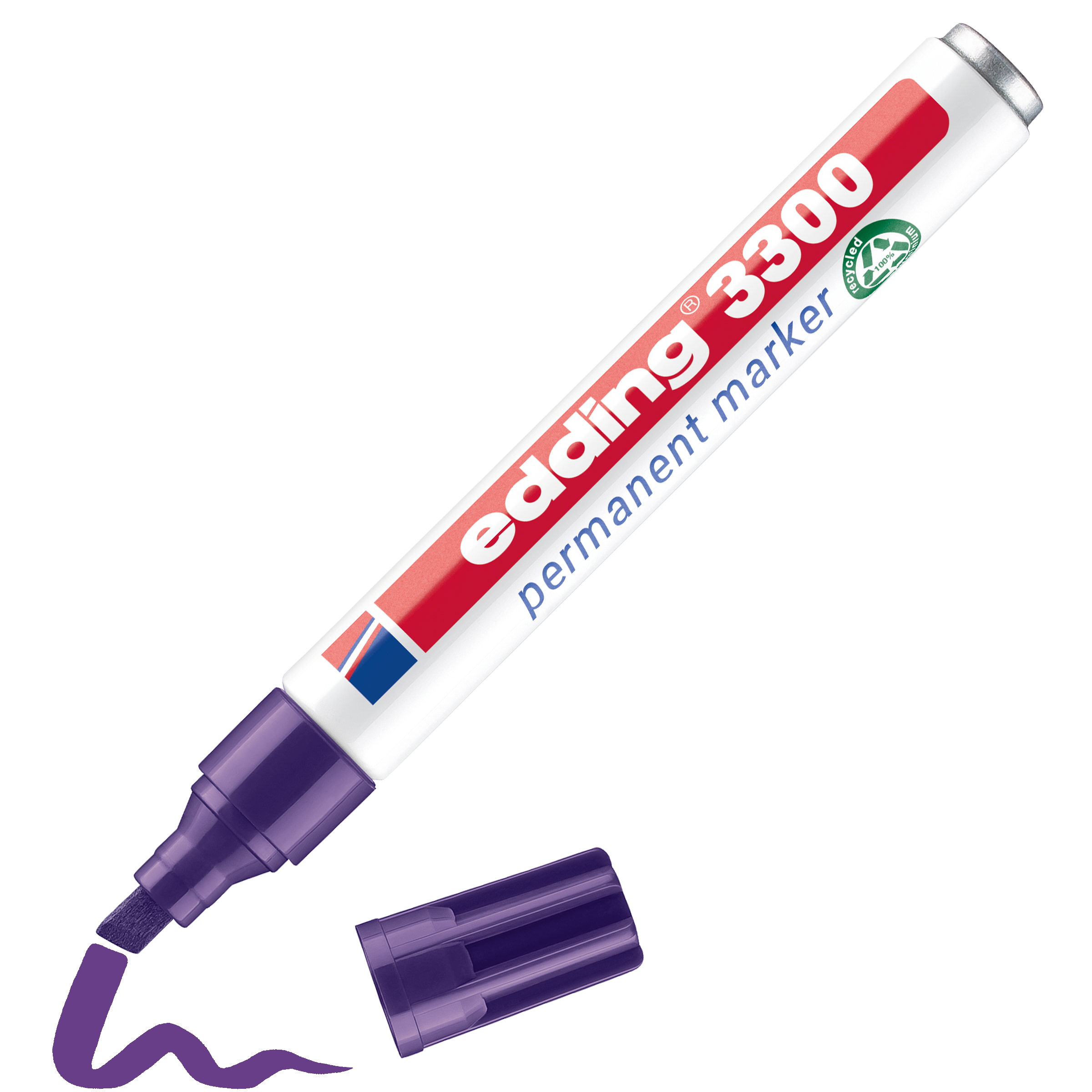 Ein Permanentmarker edding 3300 von edding ohne Kappe liegt neben einem leuchtend violetten Kringel, den er gerade gezeichnet hat; die Beschriftung ist deutlich zu erkennen.