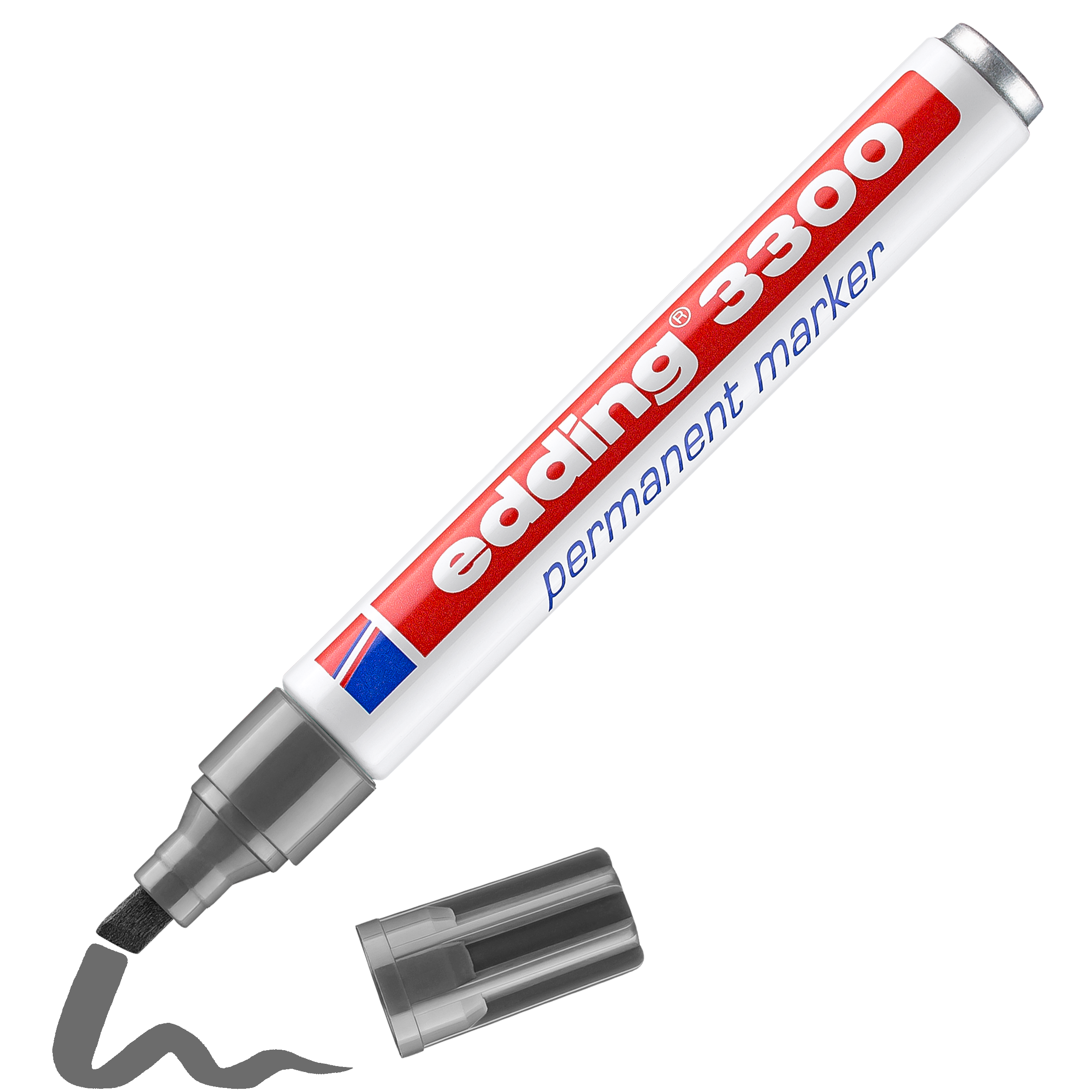 Ein edding 3300 Permanentmarker von edding ohne Kappe mit einer schwarzen Schnörkelspitze liegt neben seiner Kappe. Der Marker besteht aus recyceltem Aluminium für mehr Nachhaltigkeit und ist in den Farben Rot, Weiß und Blau erhältlich.