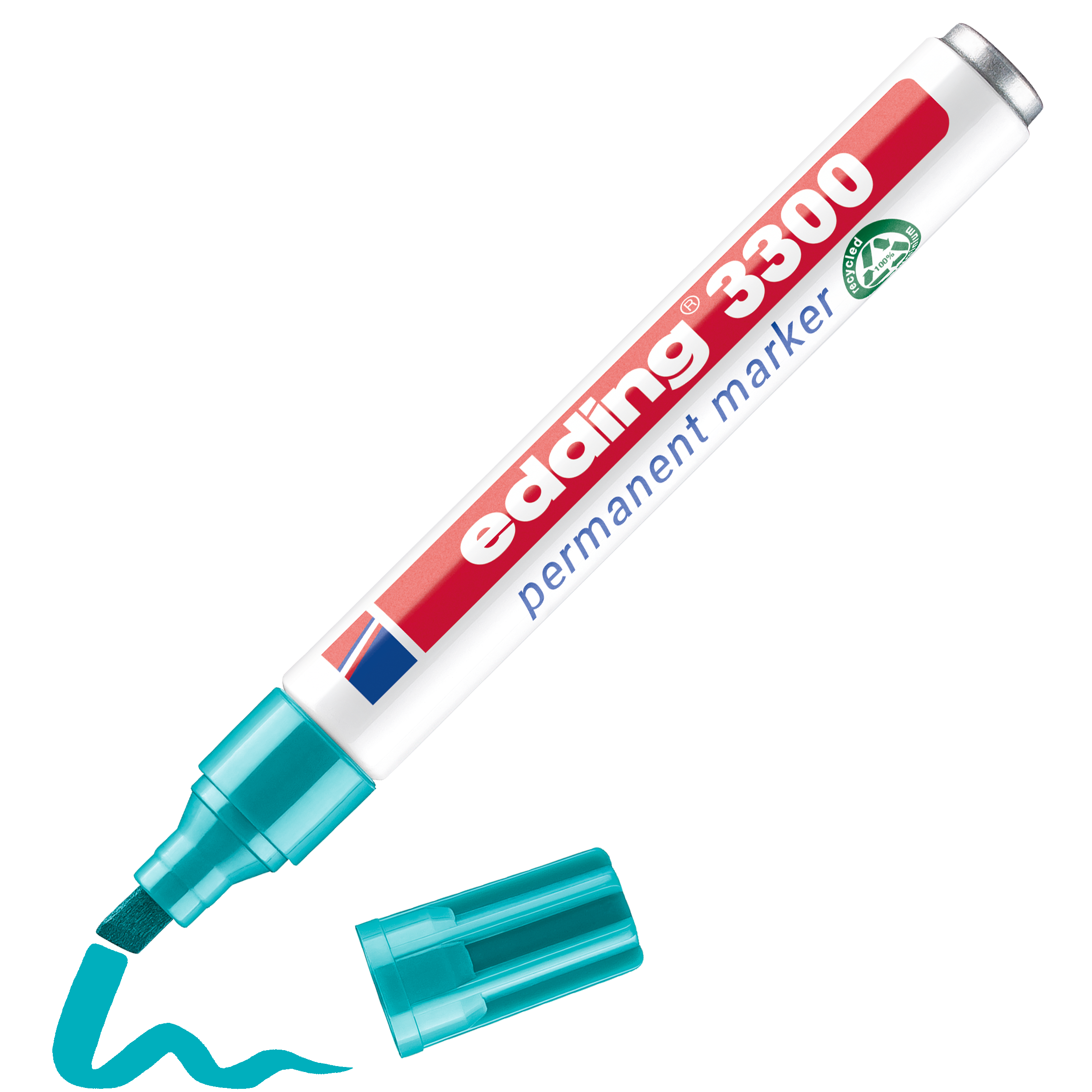 Ein edding 3300 Permanentmarker von edding mit blaugrüner Kappe. Ohne Kappe sind die Keilspitze und die blaugrüne Linie darunter sichtbar. Der weiße Schaft aus recyceltem Aluminium ist mit rot-blauem Text versehen.