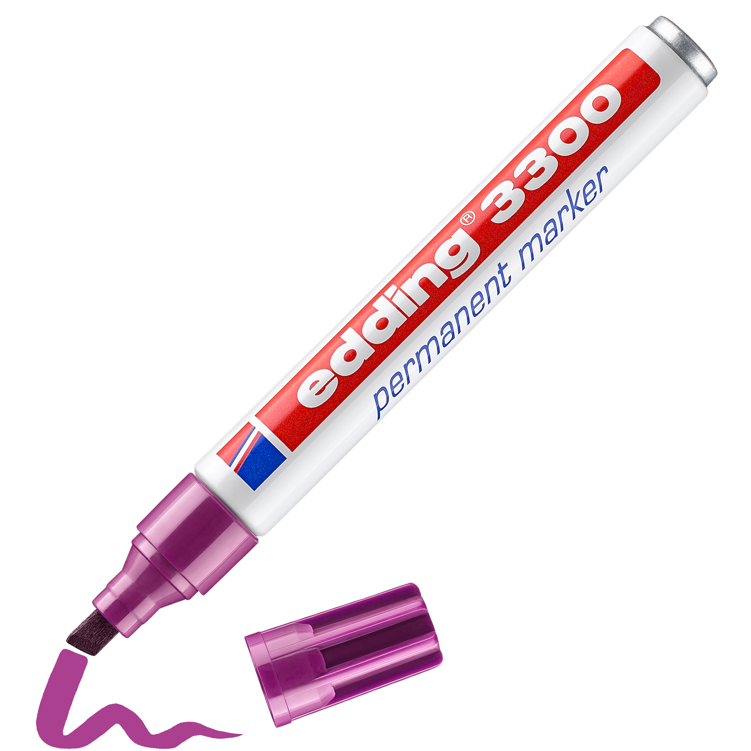 Ein violetter edding 3300 Permanentmarker von edding, ohne Kappe und neben einem violetten Schnörkel. Der weiße Schaft aus recyceltem Aluminium ist mit rot-blauem Text versehen.
