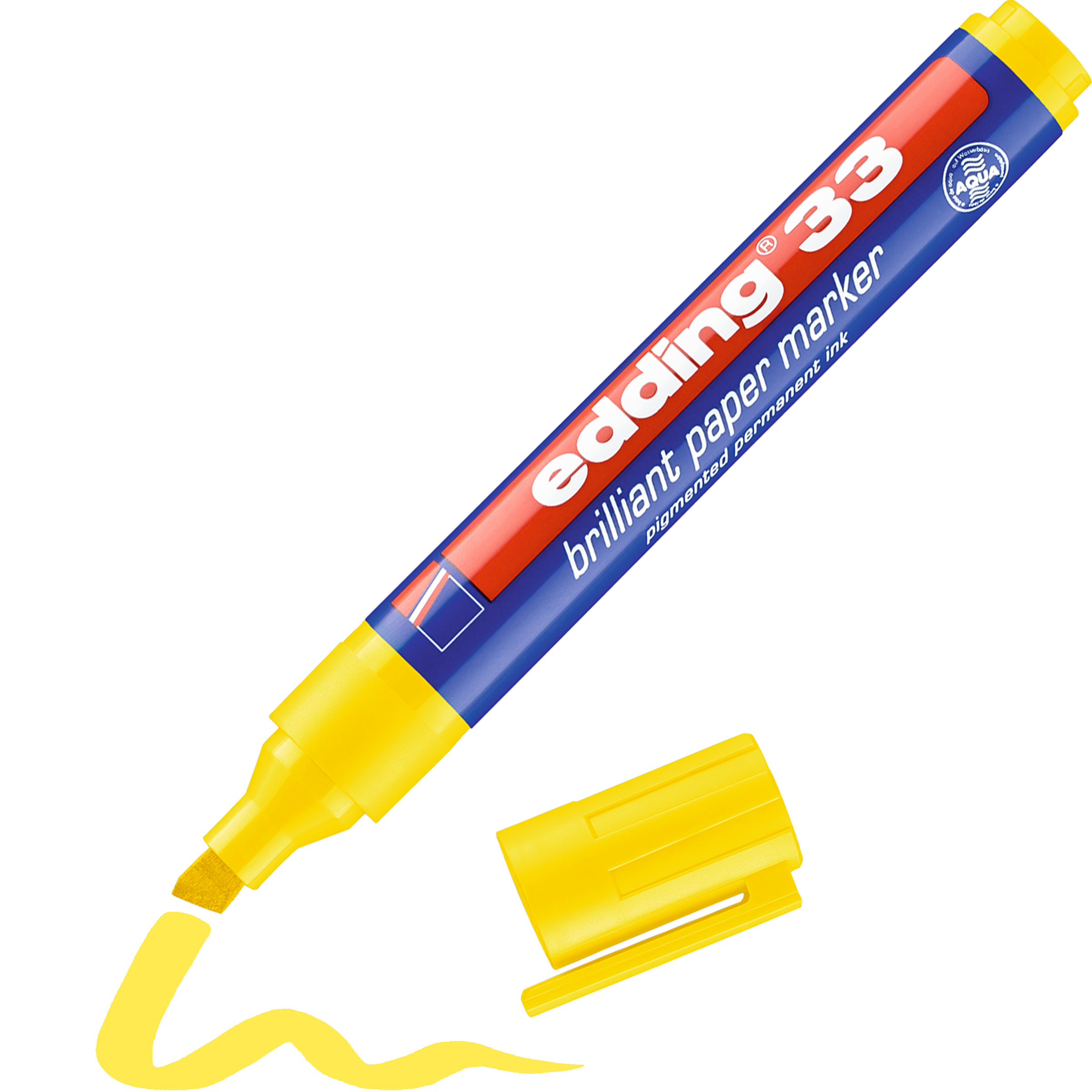 Ein gelber edding 33 Brillant-Papiermarker mit abgenommener Kappe zeigt die Keilspitze und eine gelbe Wellenlinie daneben. Der Marker hat ein blau-rotes Etikett mit weißem Text, ideal für lichtbeständige, wasser- und wischfeste Beschriftungen.