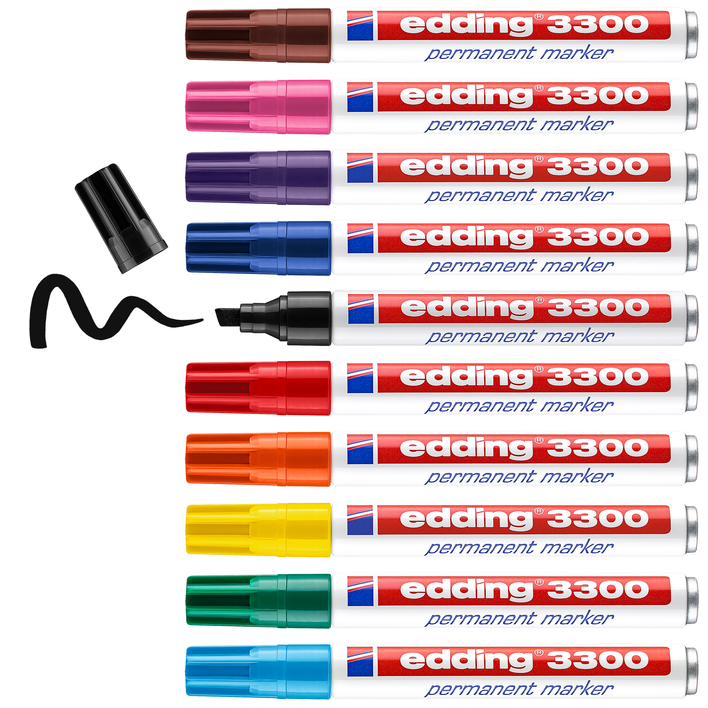 Zehn edding 3300 Permanentmarker von edding sind in verschiedenen Farben erhältlich, darunter ein schwarzer Marker ohne Kappe, der eine Wellenlinie zeichnet. Dieses Set bietet nachfüllbare Marker für langanhaltende Markierungen mit leuchtend farbigen Kappen und Spitzen.