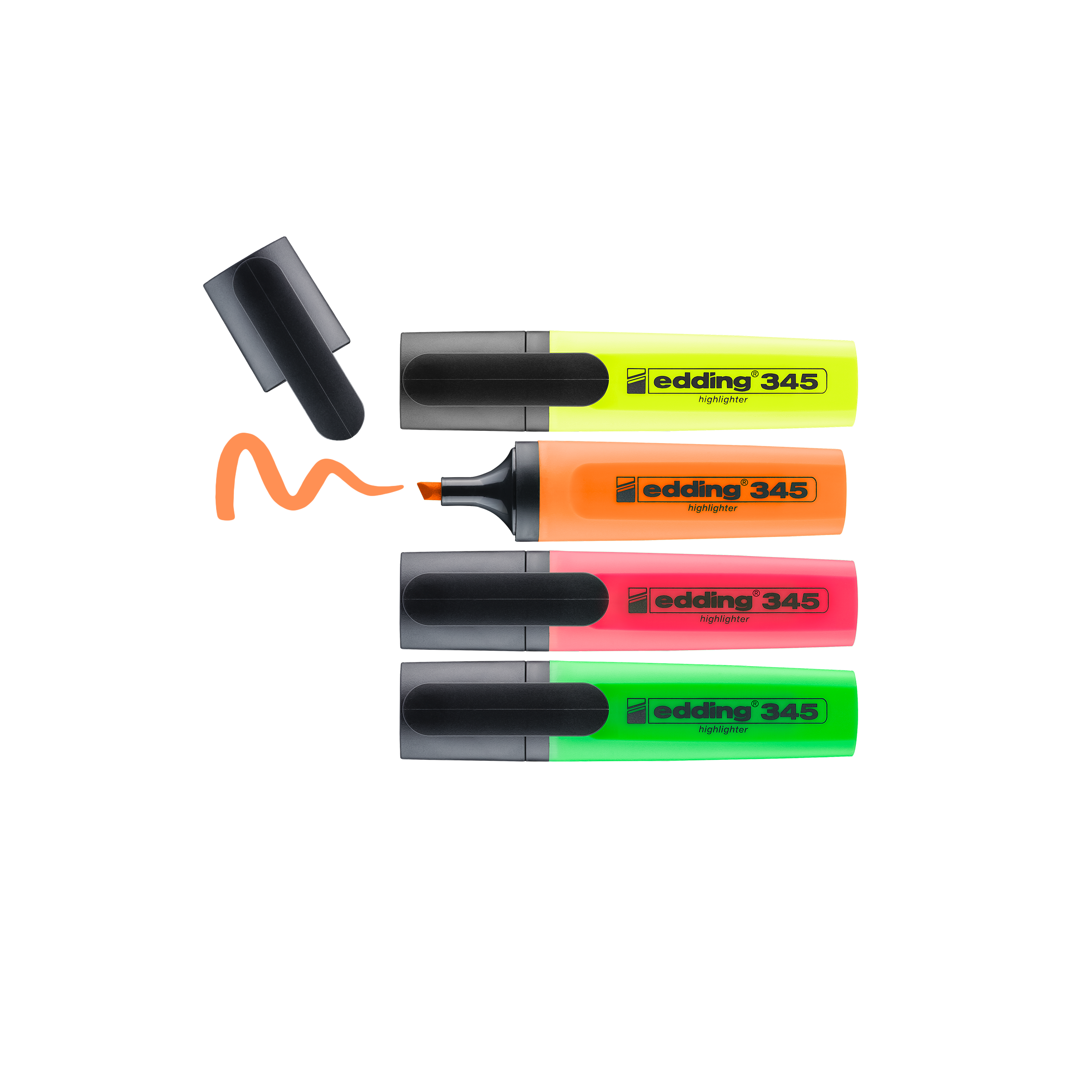 Das edding 345 Textmarker 4er-Set von edding zeigt vier Marker mit Neontinte in Gelb, Orange, Pink und Grün auf schwarzem Hintergrund. Der orange Marker ist offen, die Kappe liegt daneben und ein orangener Strich ist zu sehen.