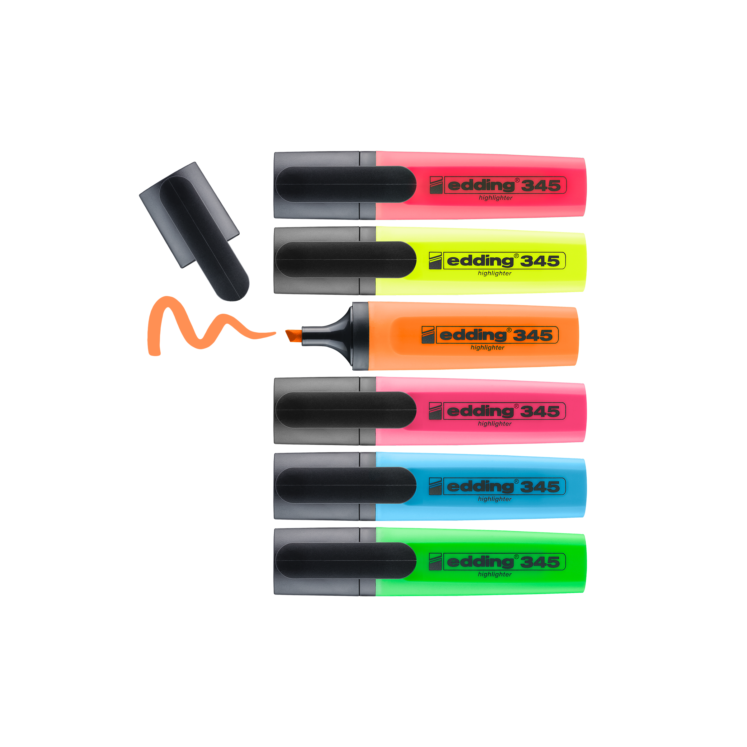 Das edding 345 Textmarker 6er-Set von edding zeigt sechs Marker in Pink, Gelb, Orange, Blau, Türkis und Grün nebeneinander. Der orange Marker mit Keilspitze liegt ohne Kappe daneben und es ist eine gewellte orangene Linie zu sehen.