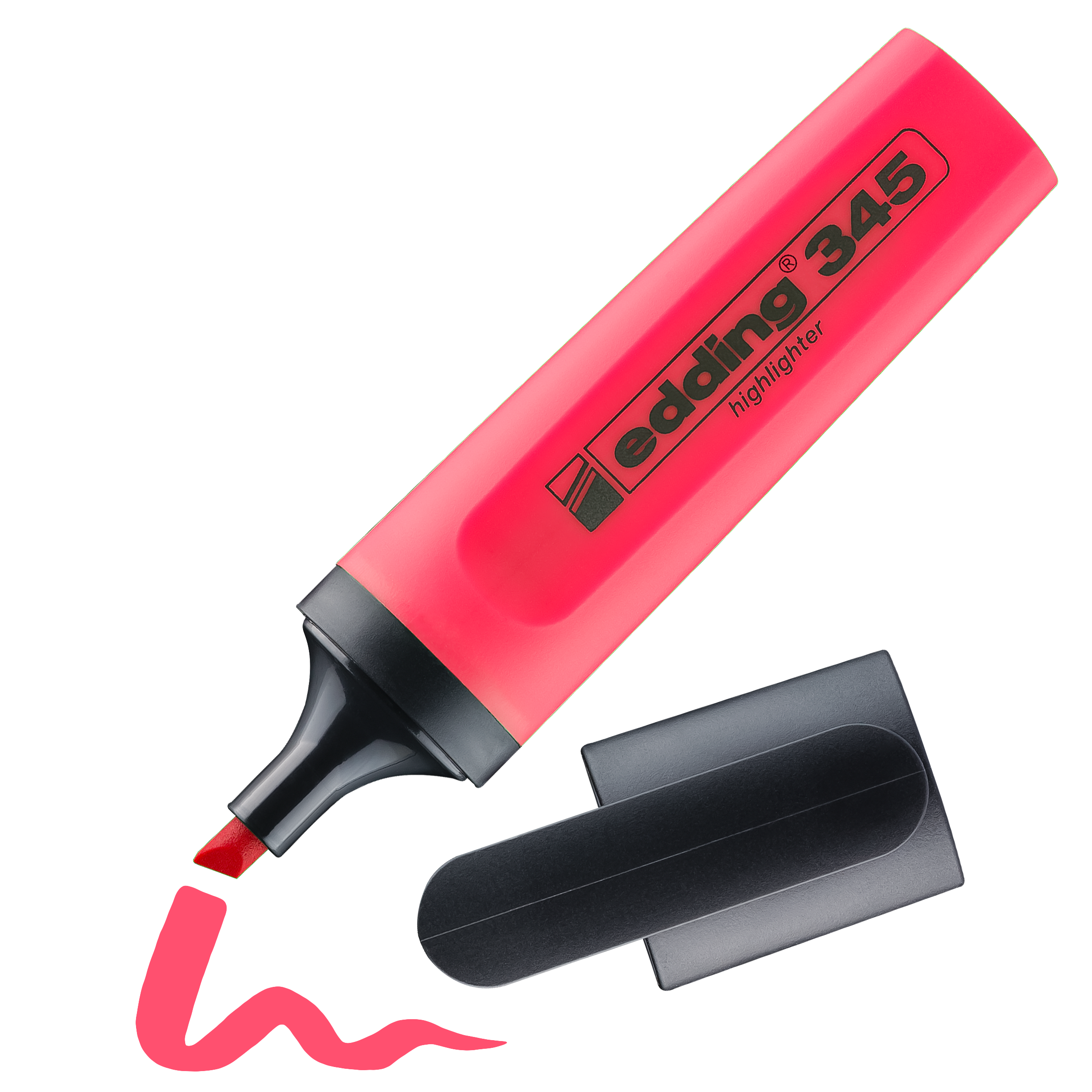 Ein edding 345 Textmarker in Pink, ohne Kappe, mit sichtbarer Keilspitze und einer daneben gezeichneten leuchtend pinken Wellenlinie.