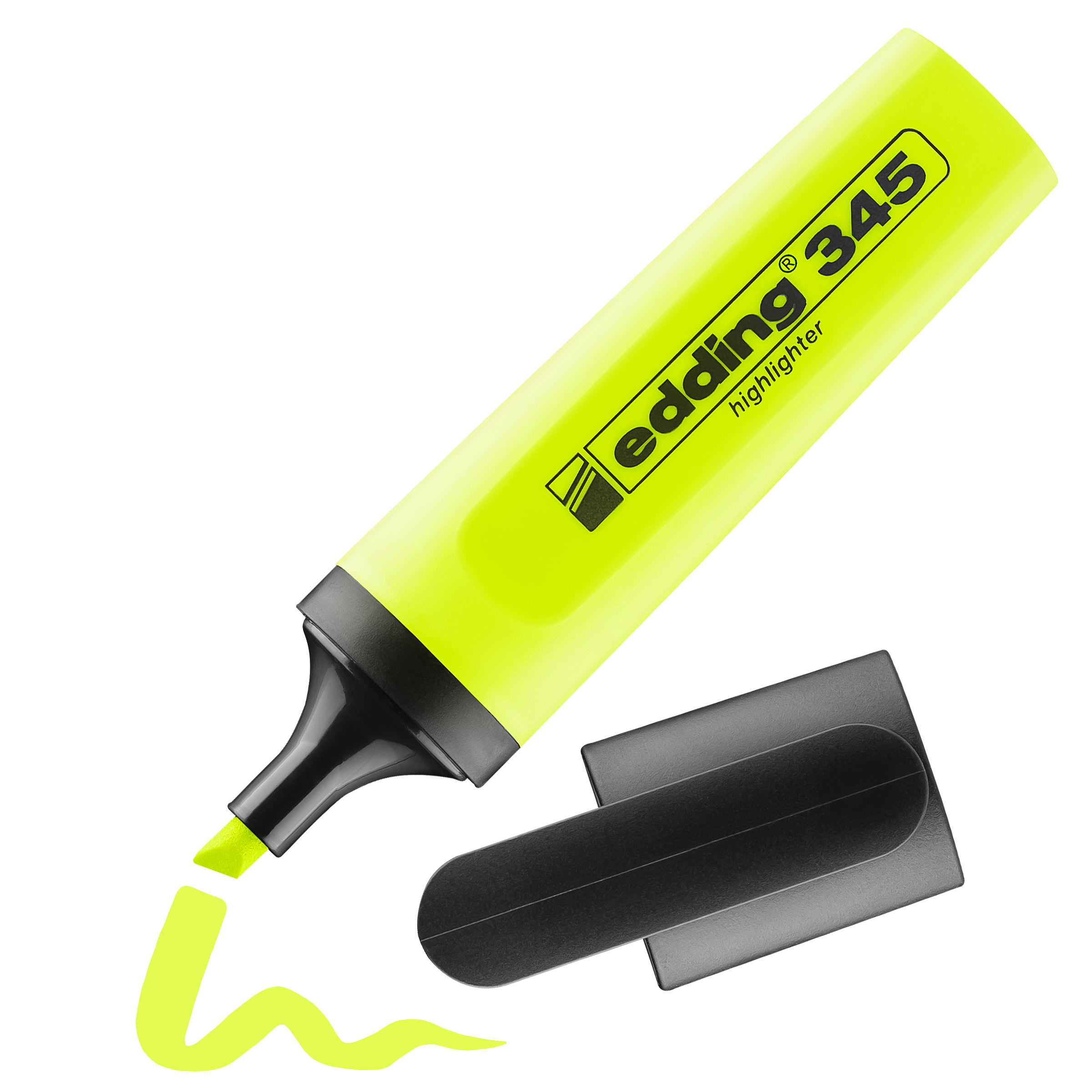 Ein gelber edding 345 Textmarker von edding ohne schwarze Kappe zeigt eine leuchtende Neontinten-Wellenlinie, die die Keilspitze auf weißem Hintergrund erzeugt.