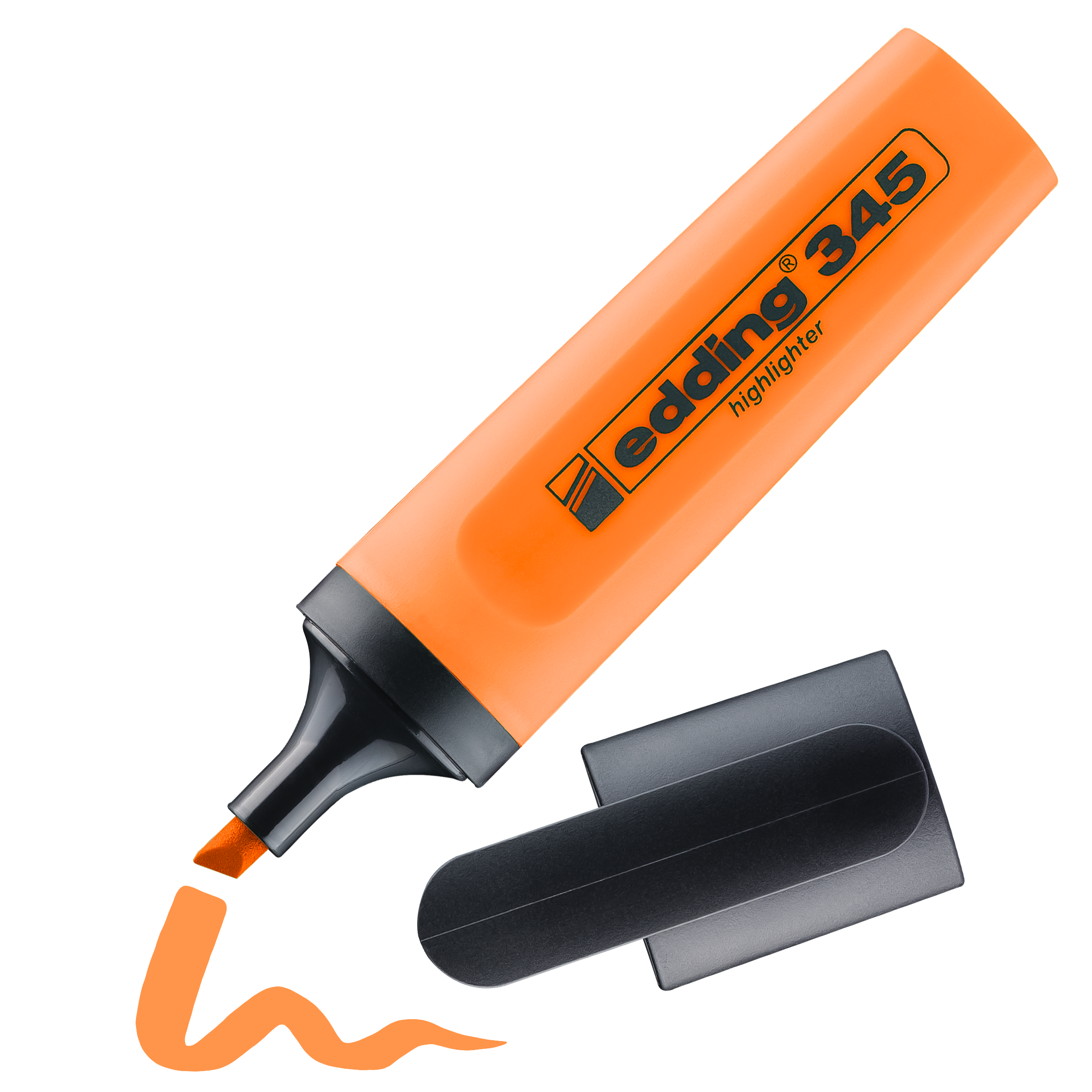 Ein orangefarbener edding 345 Textmarker von edding mit Neontinte, offenem schwarzen Deckel und sichtbarer Spitze. Daneben befindet sich eine orange geschwungene Linie.