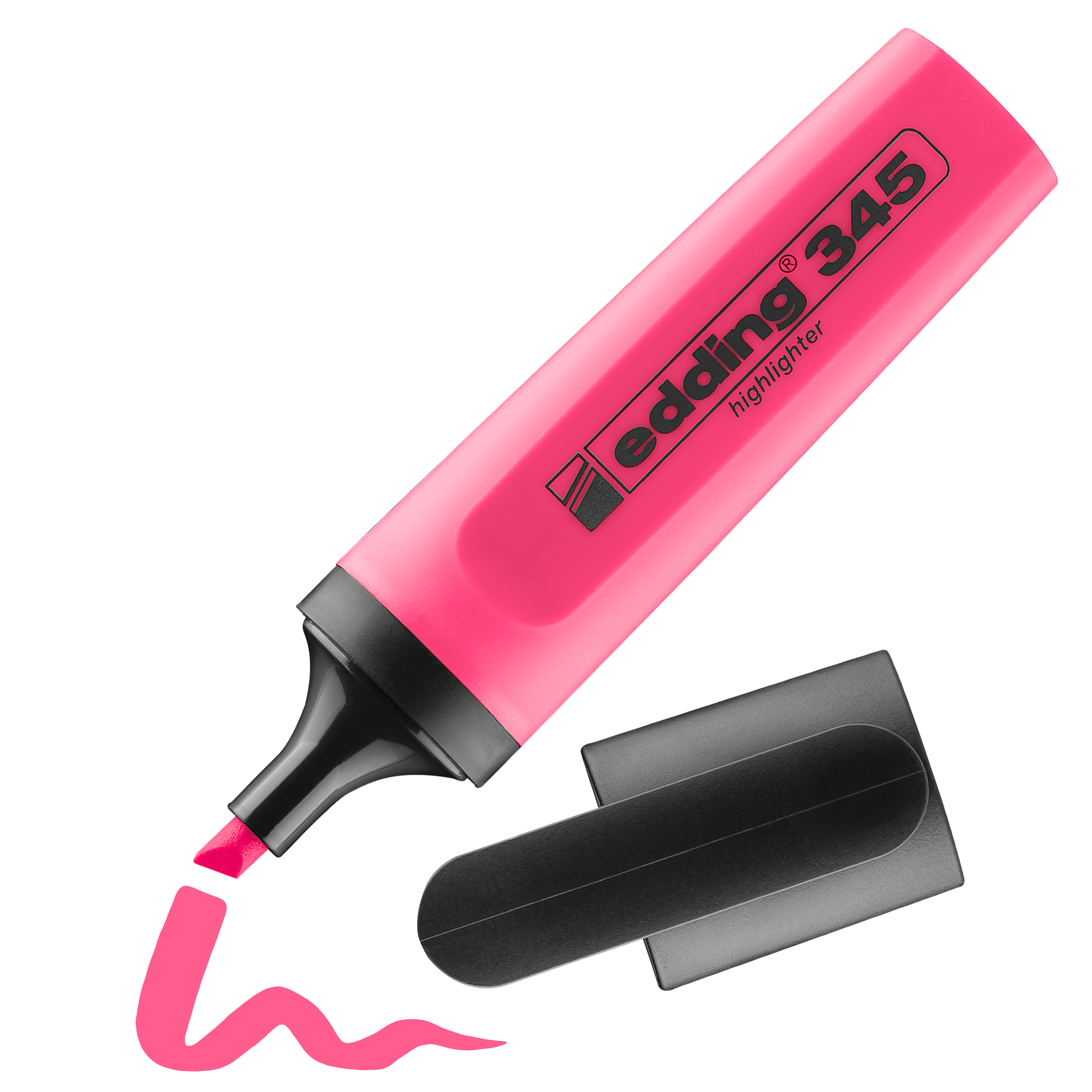 Daneben liegt ein pinkfarbener edding 345 Textmarker von edding, dessen schwarze Kappe abgenommen ist. Der Textmarker mit leuchtender Neontinte hat eine leuchtend pinke Wellenlinie erzeugt.