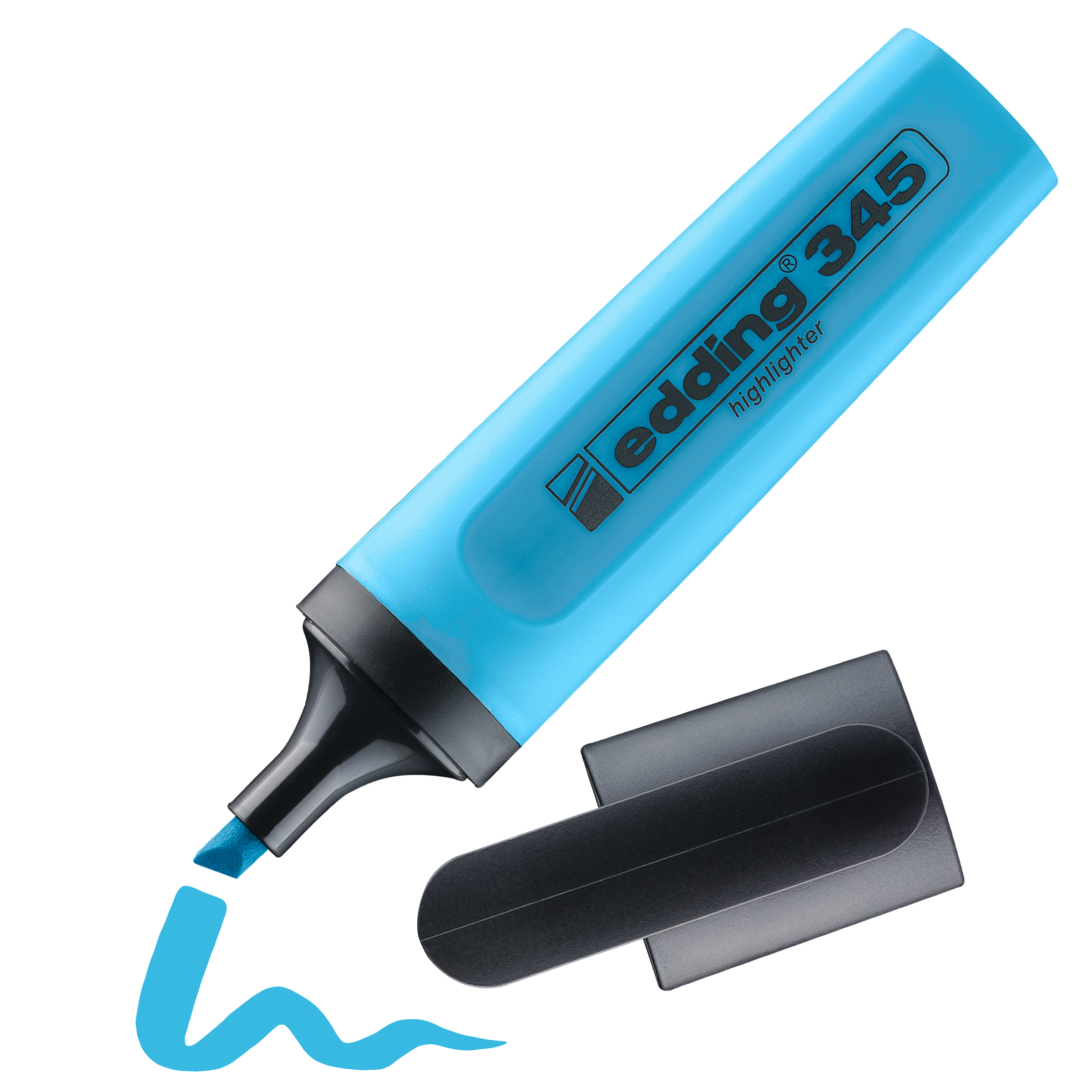 Der edding 345 Textmarker von edding, abgebildet in Blau mit abgenommener Kappe, besticht durch eine breite Keilspitze und eine wellenförmige blaue Linie. Die leuchtende Neontinte sorgt für auffällige Markierungen.