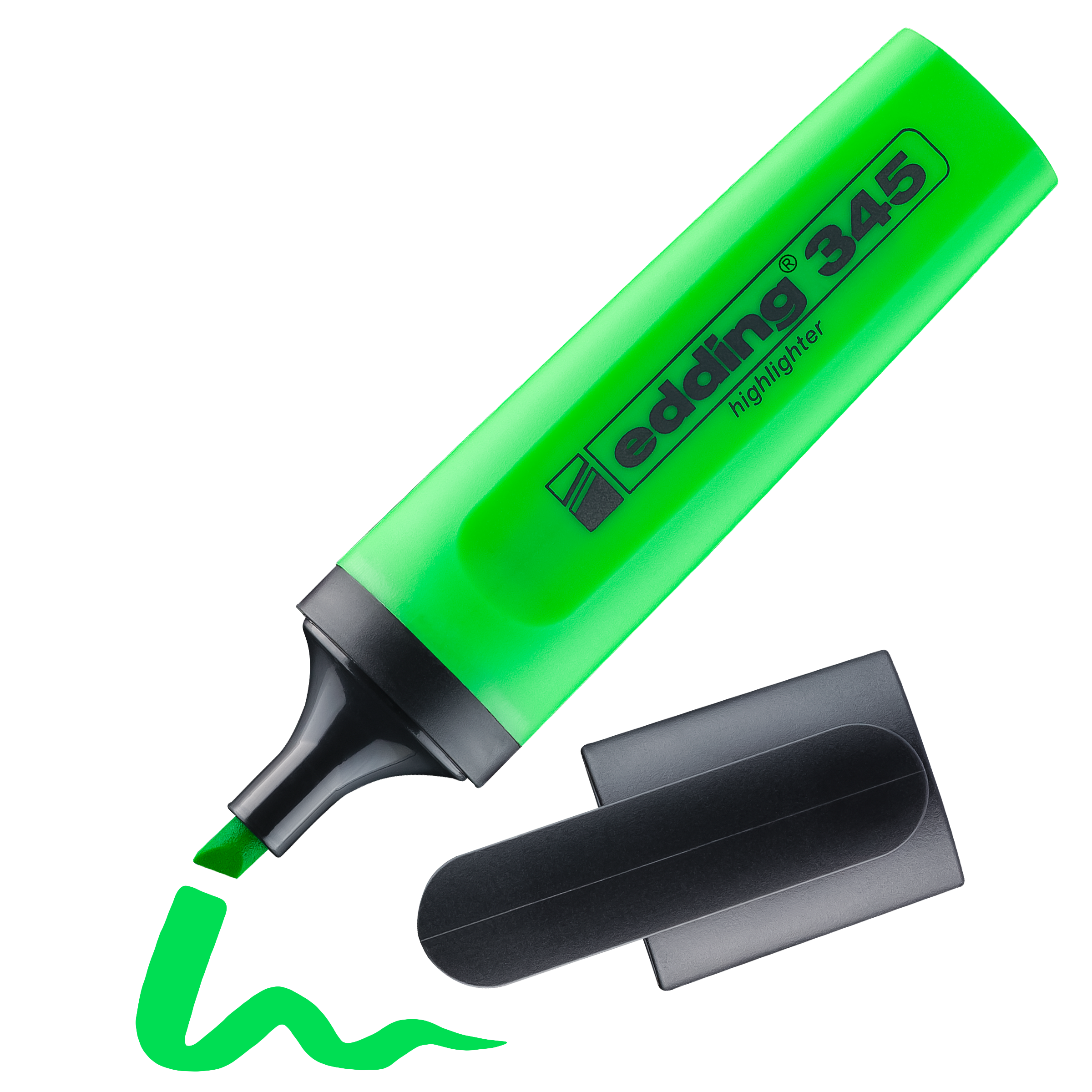Ein nachfüllbarer edding 345 Textmarker der Marke edding mit schwarzer Kappe zieht auf weißem Hintergrund eine grüne Wellenlinie.