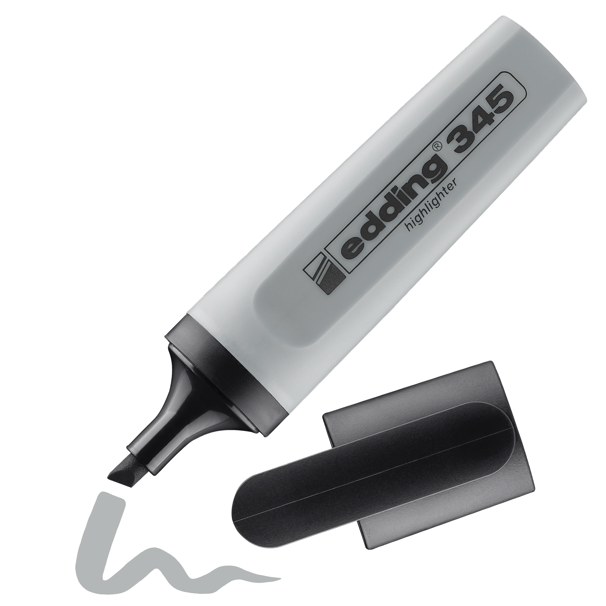 Ein grauer edding 345 Textmarker von edding zeigt ohne Kappe eine Keilspitze und zeichnet eine wellenförmige graue Linie; die Kappe liegt neben dem Marker.