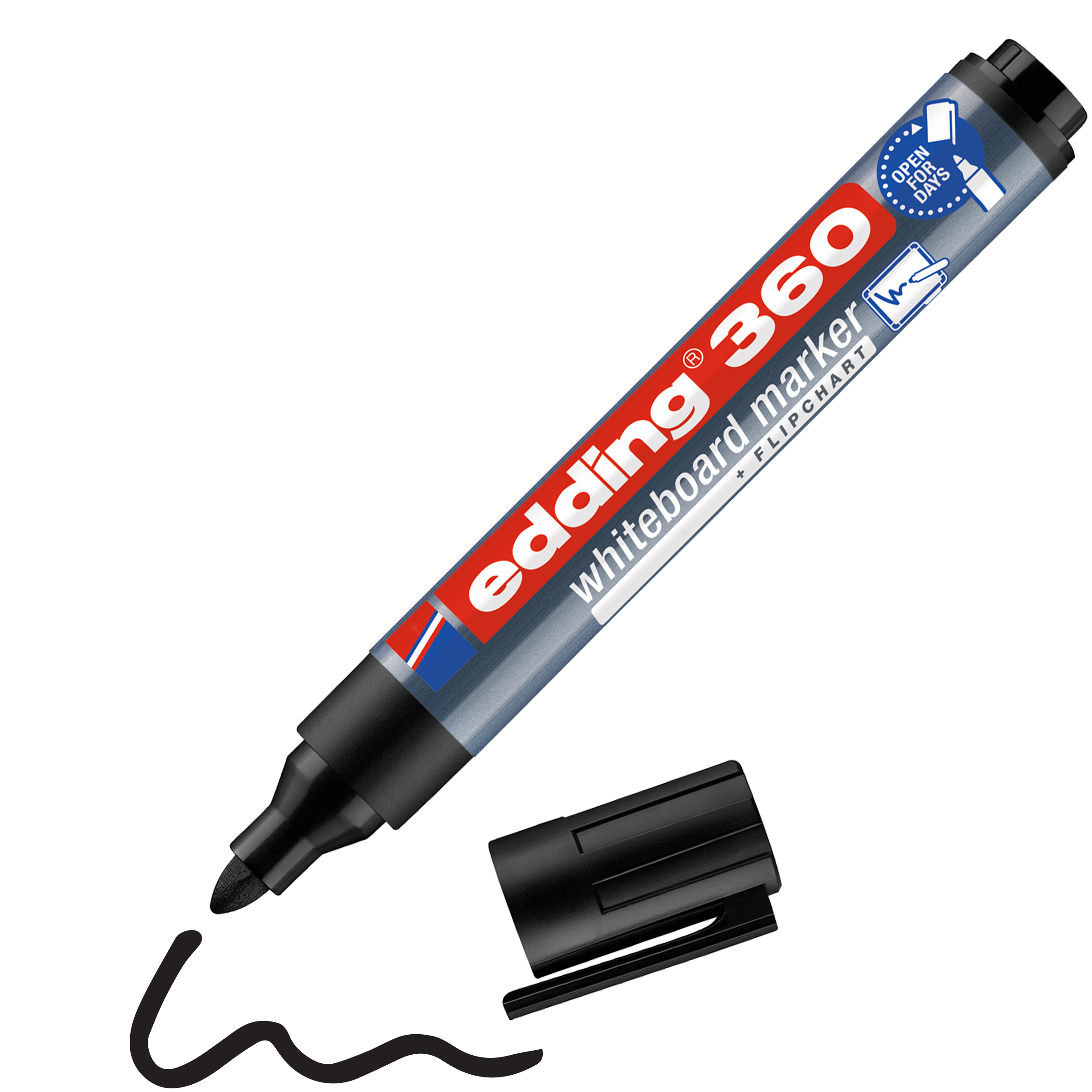 Ein schwarzer edding 360 Whiteboardmarker ohne Kappe liegt neben einer Schlangenlinie, die seine geruchsarme Pigmenttinte hervorhebt. Das Etikett zeigt die edding-Marke, den Produktnamen, Details und weist darauf hin, dass der Marker nachfüllbar ist.