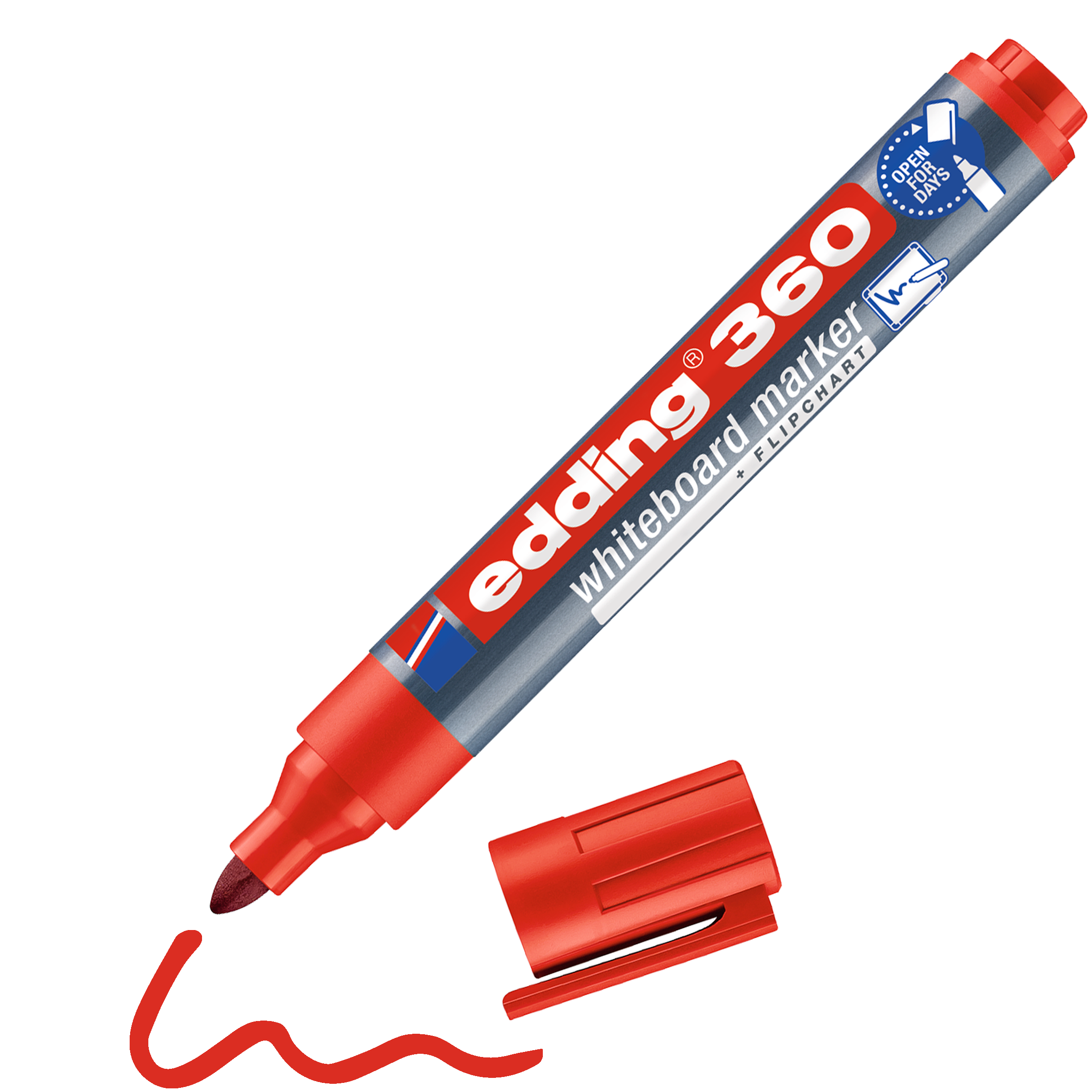 Ein edding 360 Whiteboardmarker in Rot ohne Kappe, mit Keilspitze und gefüllt mit geruchsarmer Pigmenttinte, zeichnet eine wellenförmige rote Linie, während die Kappe daneben liegt.