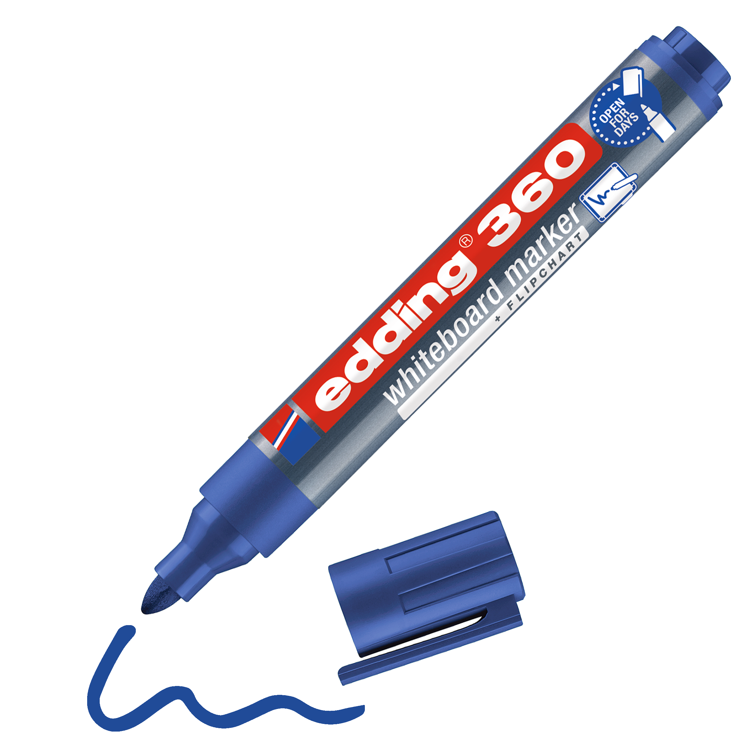 Ein blauer edding 360 Whiteboardmarker von edding, ohne Kappe und mit dicker Keilspitze, liegt neben einer verschnörkelten blauen Linie, die er mit seiner geruchsarmen Pigmenttinte gezeichnet hat.