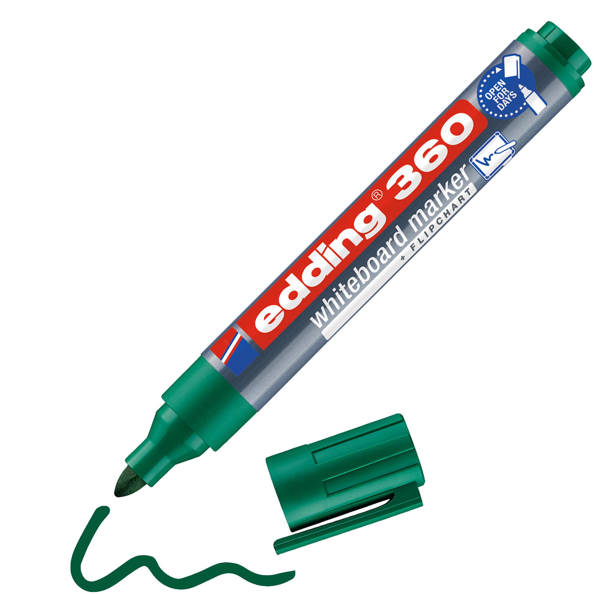 Neben der Kappe liegt ein grauer edding 360 Whiteboardmarker mit grüner Kappe und rotem Etikett, der mit geruchsarmer, nachfüllbarer Pigmenttinte eine grüne Wellenlinie für gleichmäßiges Schreiben zeichnet.