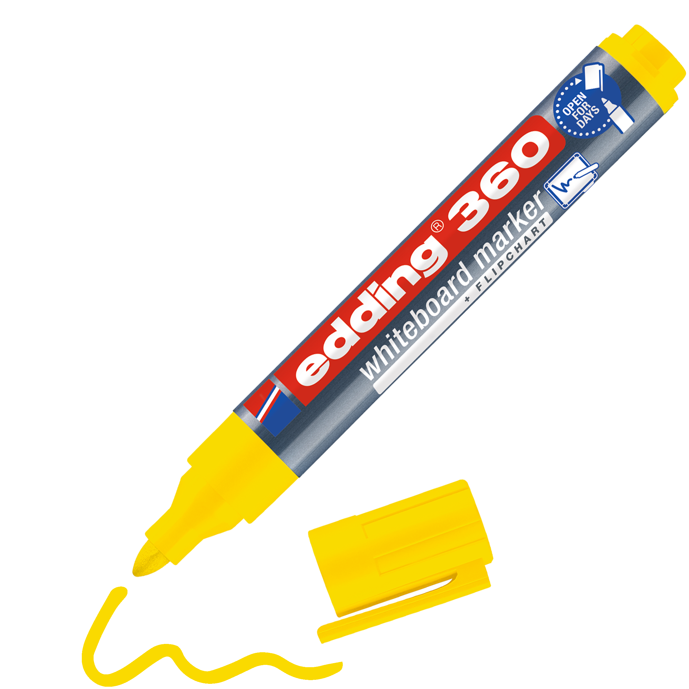 Ein edding 360 Whiteboardmarker in Gelb mit abgenommener Kappe. Darunter sind die Spitze und eine gelbe Schnörkellinie zu sehen. Der Marker verwendet geruchsarme Pigmenttinte und ist rot-weiß beschriftet. Marke: edding.