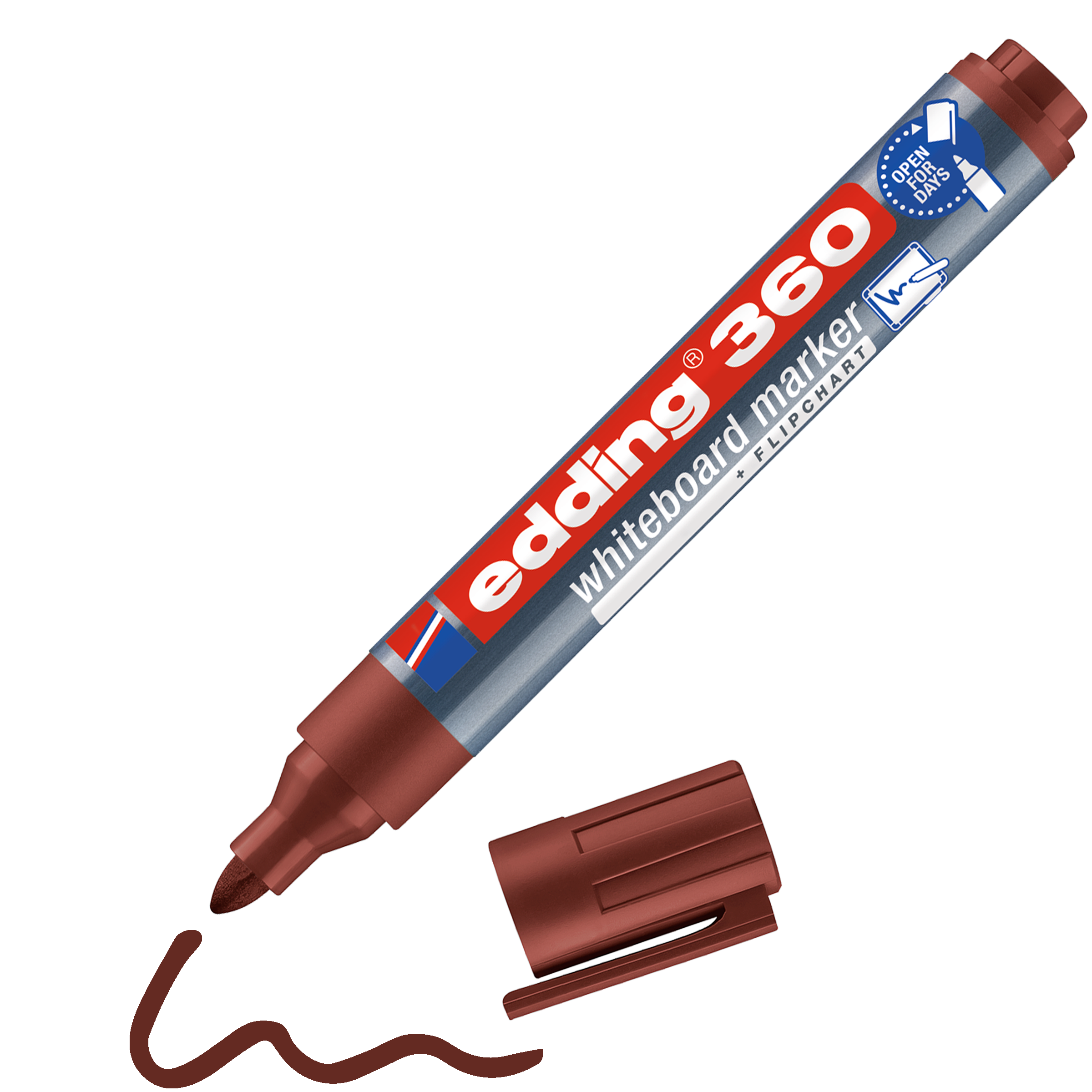 Ein brauner edding 360 Whiteboardmarker von edding ohne Kappe zeigt eine dicke Keilspitze. Die Kappe befindet sich neben dem Marker, während eine braune Wellenlinie die geruchsarme Pigmenttinte anzeigt. Auch dieser Marker ist nachfüllbar.