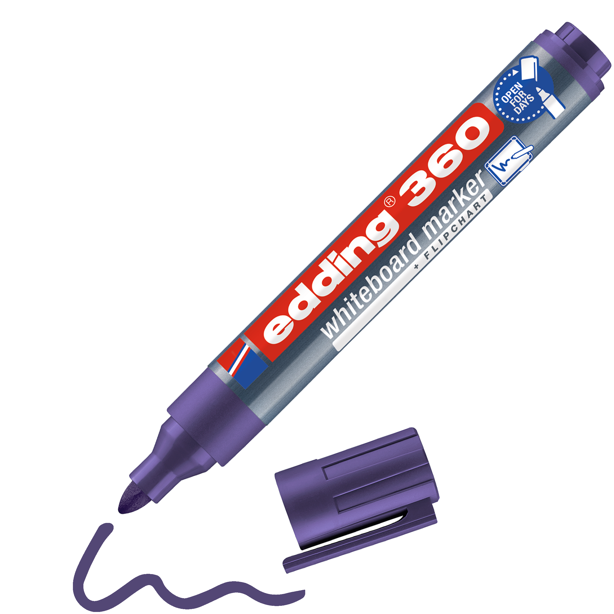 Ein violetter edding 360 Whiteboardmarker von edding, ohne Kappe, liegt neben einer verschnörkelten violetten Linie und hebt seine geruchsarme Pigmenttinte für gleichmäßiges Schreiben hervor.