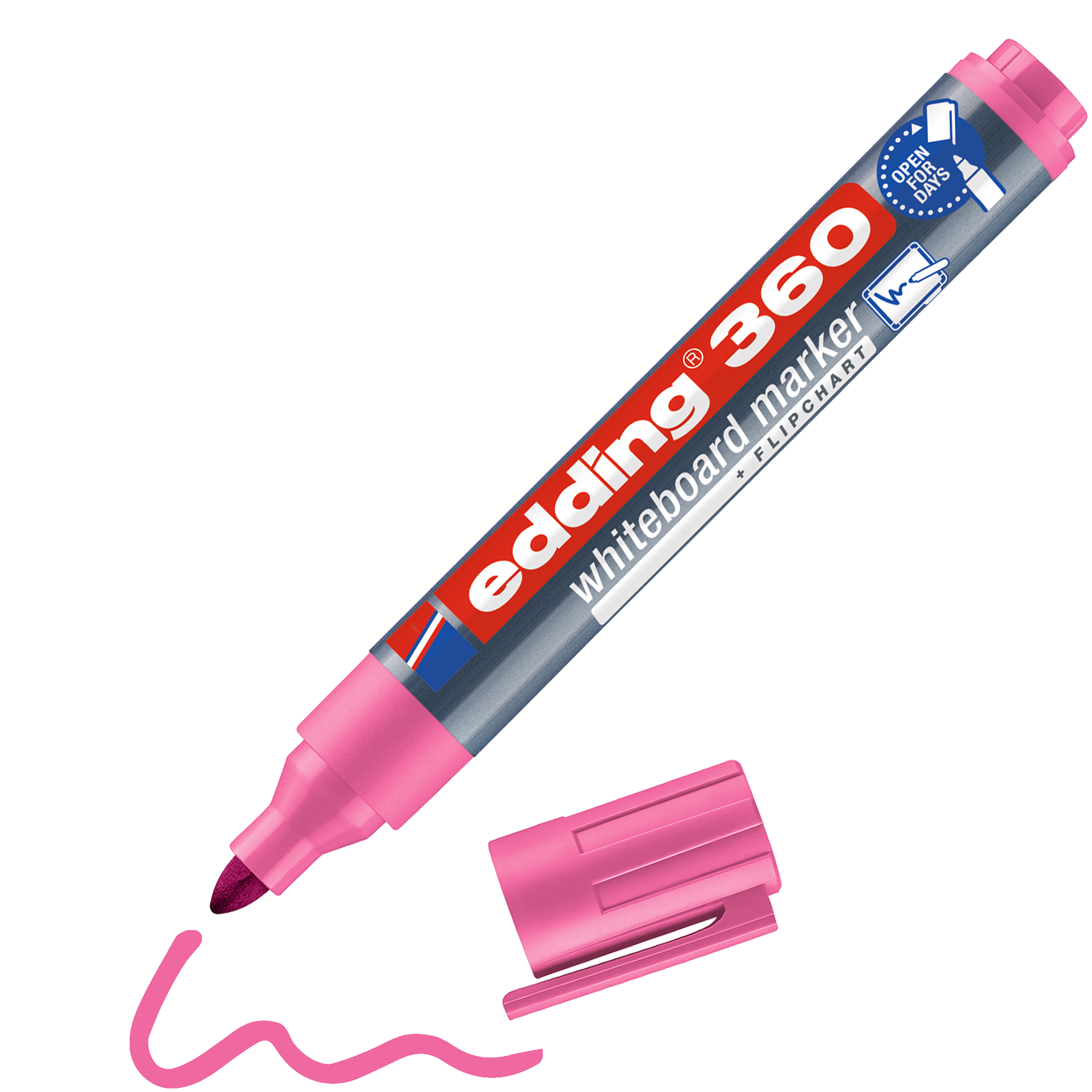 Ein pinker edding 360 Whiteboardmarker mit sichtbarer Kappe und beschriftetem Barrel liegt neben einer welligen pinken Linie. Der Marker von edding ist nachfüllbar und enthält geruchsarme Pigmenttinte.