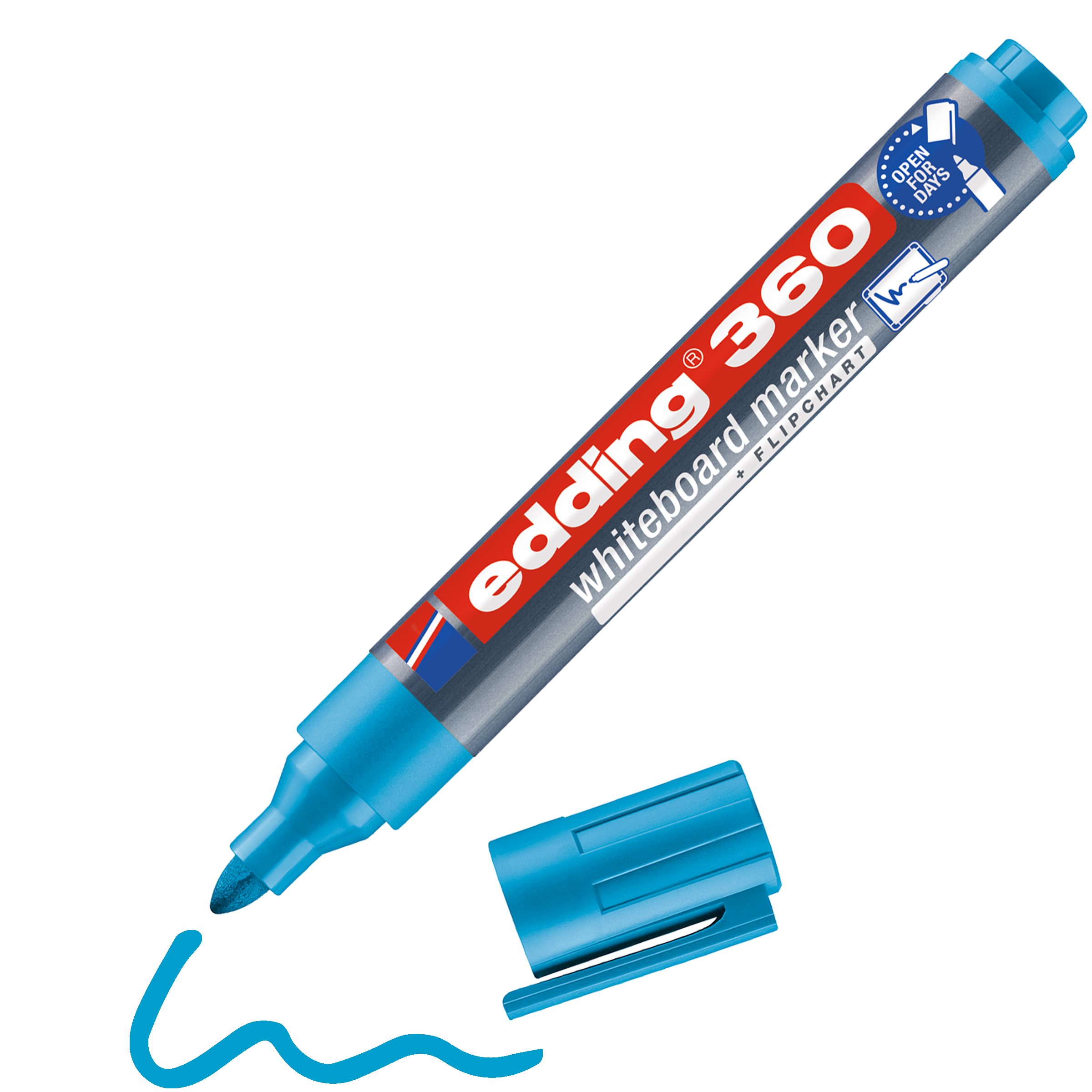 Ein edding 360 Whiteboardmarker in Blau liegt ohne Kappe da; nachfüllbar, mit geruchsarmer Pigmenttinte, blauer Spitze und gewellter blauer Linie. Die Hülle zeigt Marke „edding“ und Produktdetails.