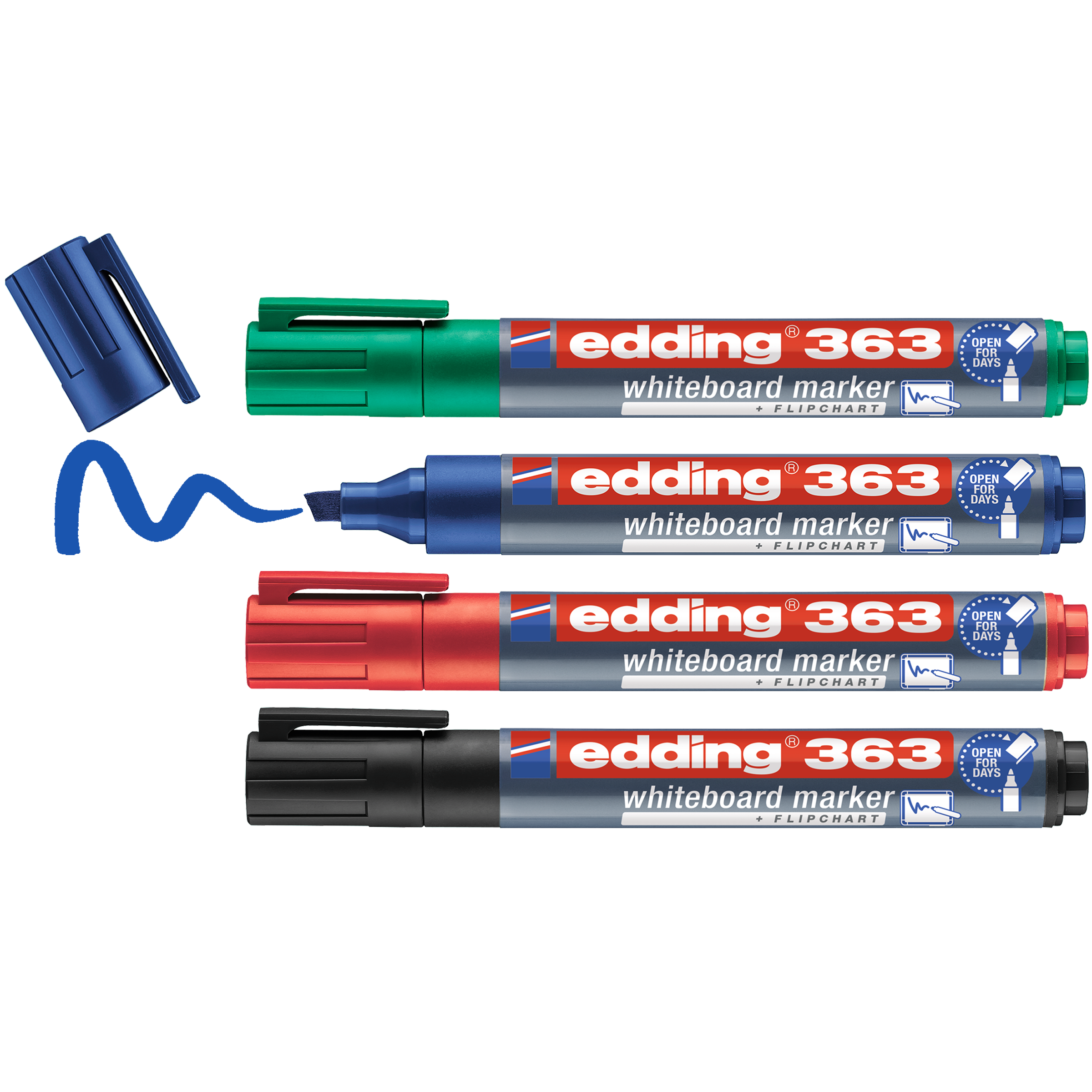 Das edding 363 Whiteboardmarker 4er-Set von edding zeigt blaue, grüne, rote und schwarze Marker horizontal übereinander. Die offene Keilspitze des blauen Markers zeichnet eine wellenförmige Linie; die anderen sind mit einer Kappe versehen. Alle Marker sind nachfüllbar für langanhaltenden Einsatz.