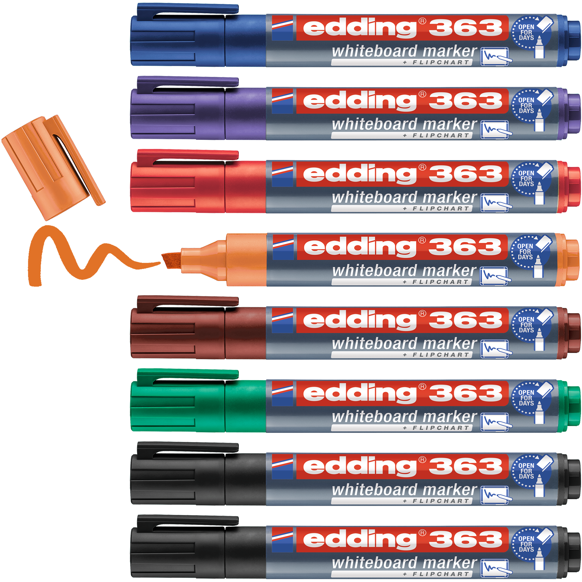 Acht edding 363 Whiteboardmarker (Keilspitze 1–5 mm) von edding sind in verschiedenen Farben erhältlich. Die orangefarbene Kappe des Markers ist abnehmbar und gibt den Blick auf die geruchsarme Pigmenttinte mit Schnörkel frei. Alle Marker sind für eine nachhaltige Nutzung nachfüllbar.