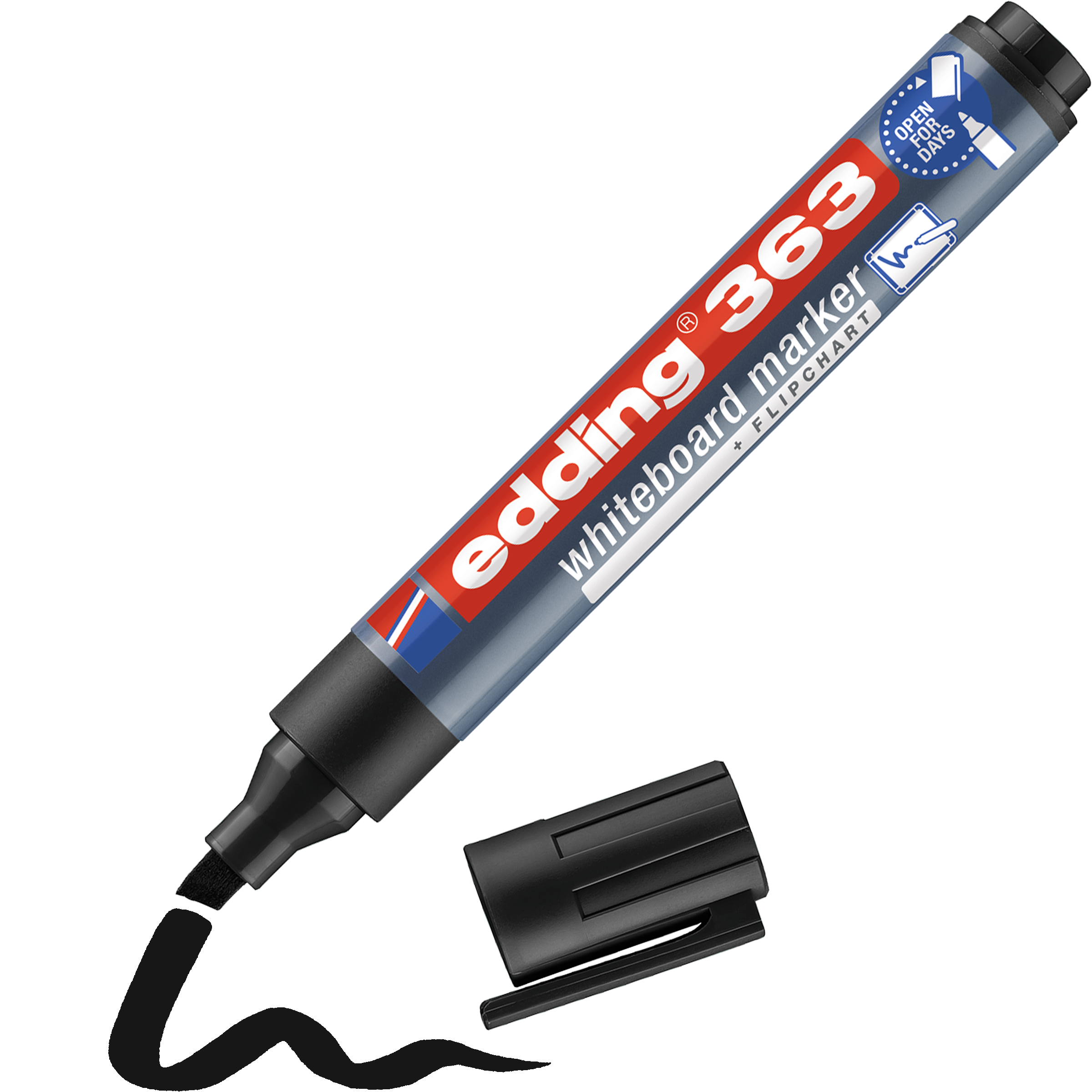 edding 363 Whiteboardmarker in Schwarz mit offener Kappe und einem gemaltem Strich