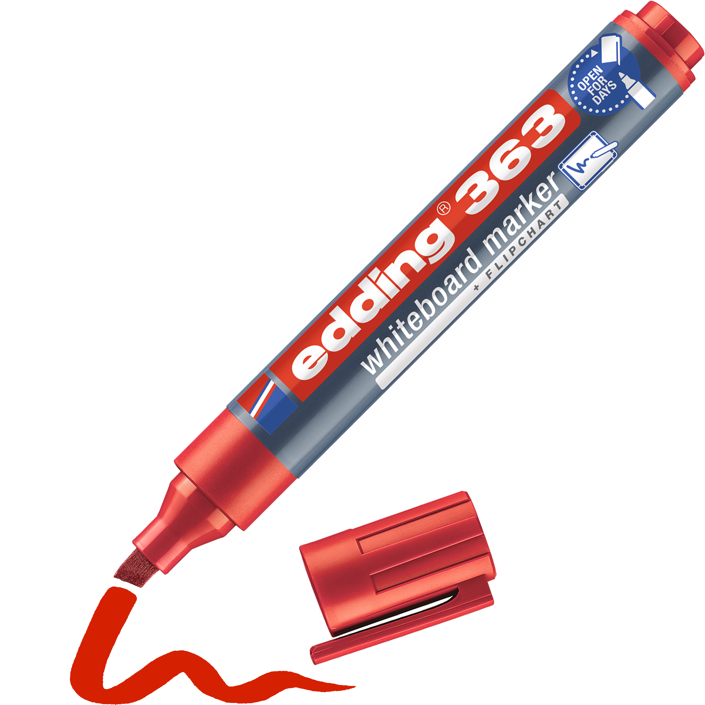edding 363 Whiteboardmarker in rot mit offener Kappe und einem gemaltem Strich