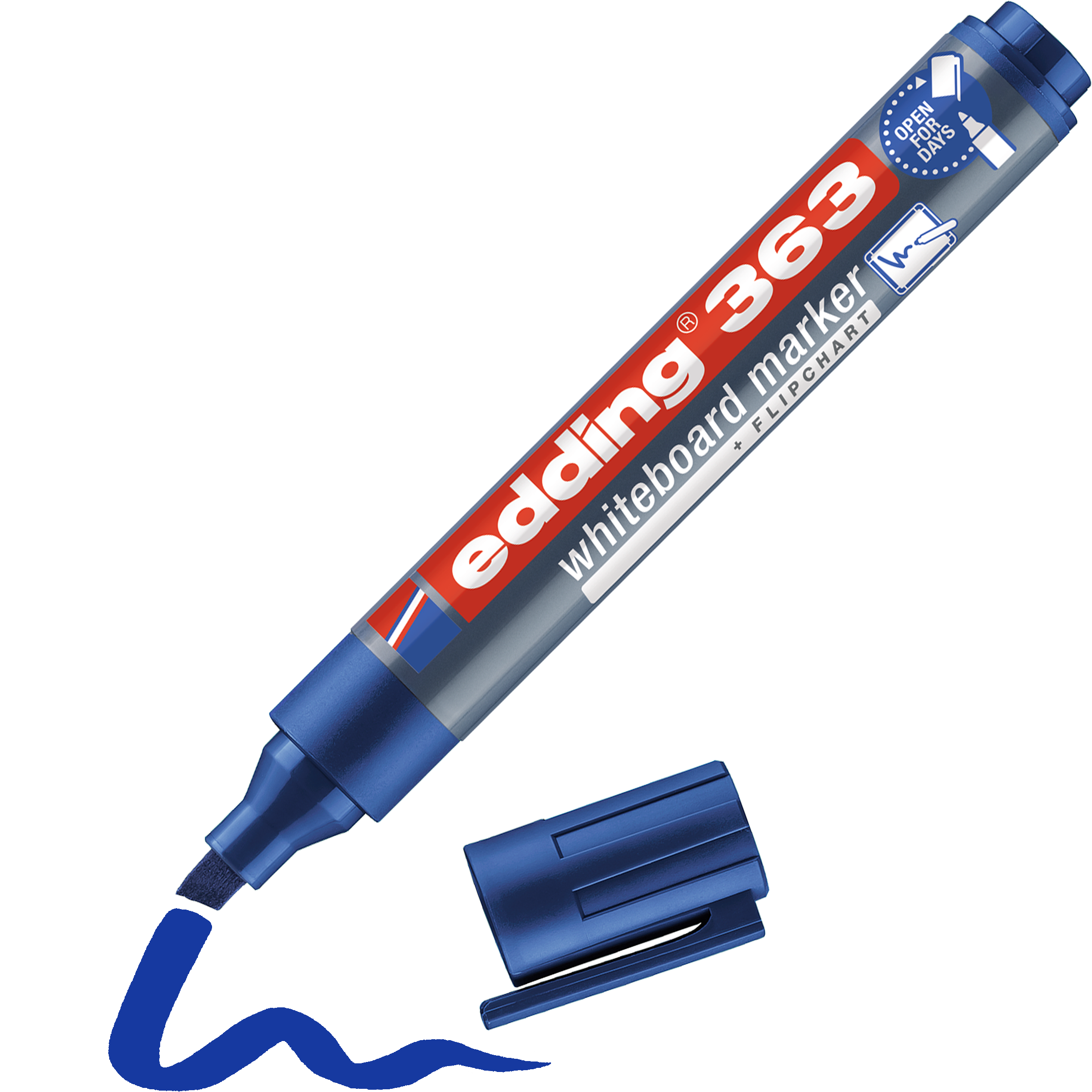 edding 363 Whiteboardmarker in blau mit offener Kappe und einem gemaltem Strich