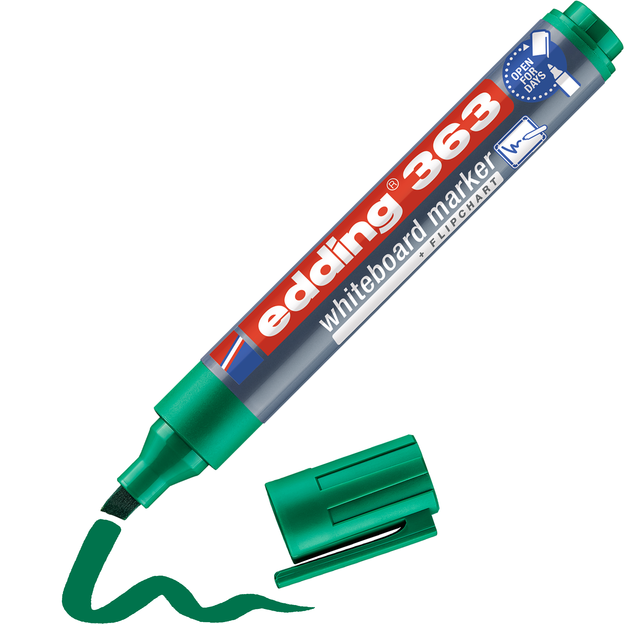 edding 363 Whiteboardmarker in grün mit offener Kappe und einem gemaltem Strich