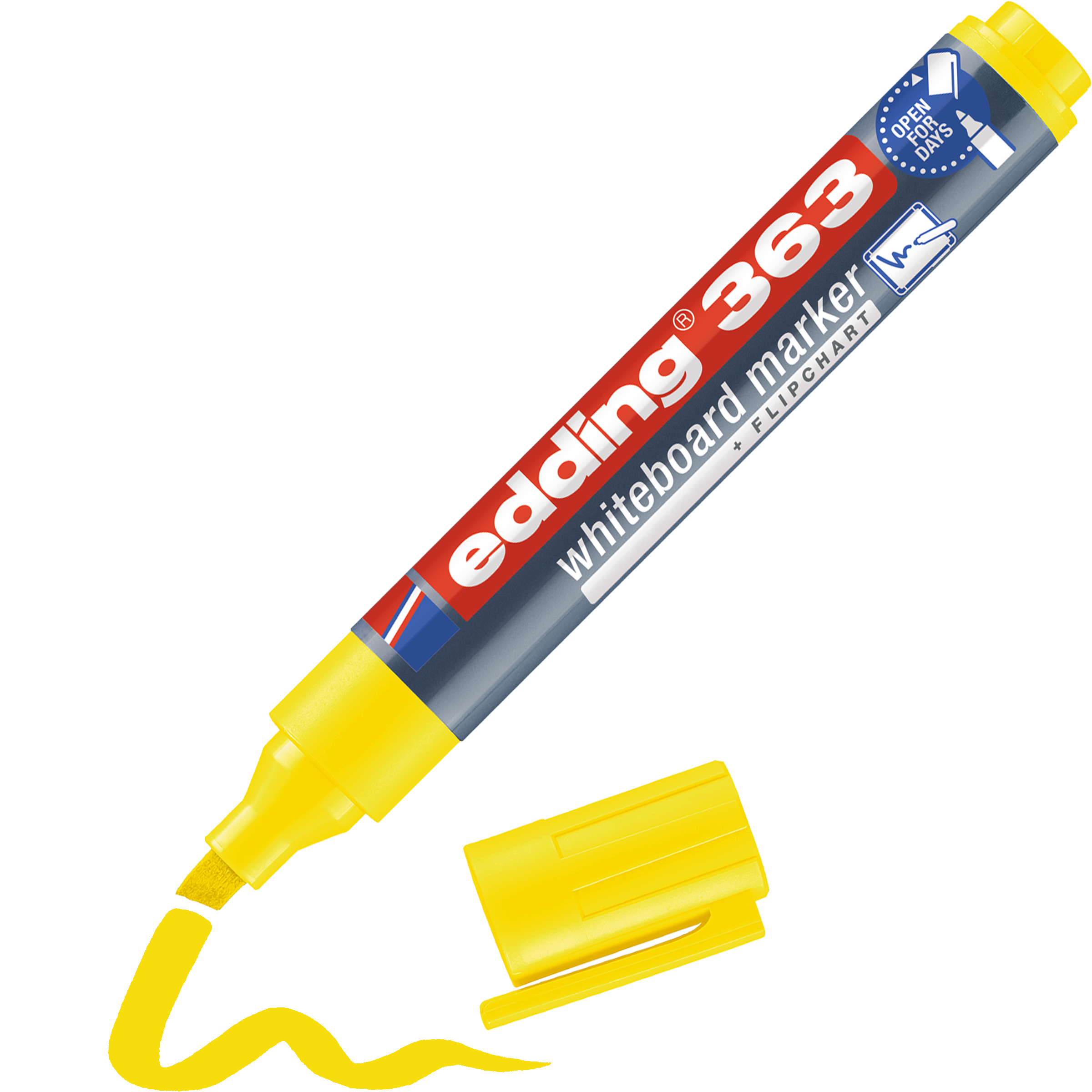 edding 363 Whiteboardmarker in gelb mit offener Kappe und einem gemaltem Strich