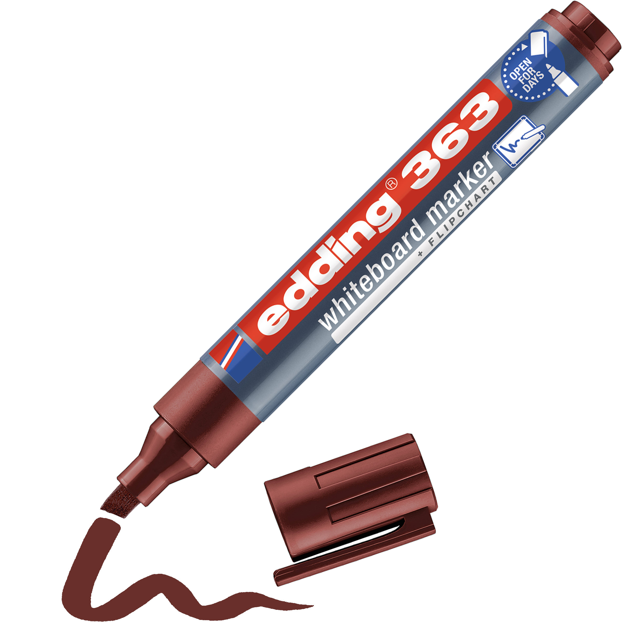 edding 363 Whiteboardmarker in braun mit offener Kappe und einem gemaltem Strich