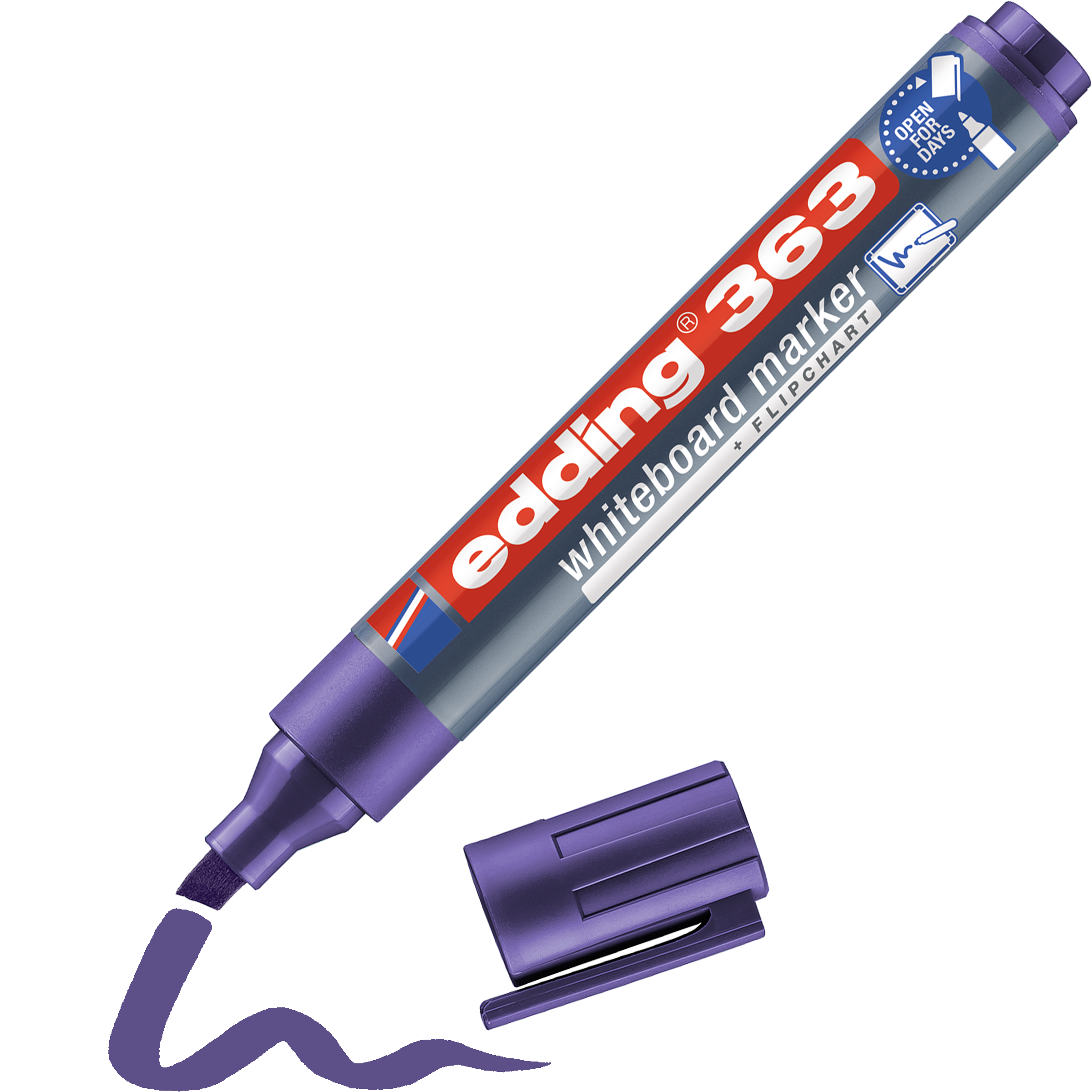 edding 363 Whiteboardmarker in lila mit offener Kappe und einem gemaltem Strich