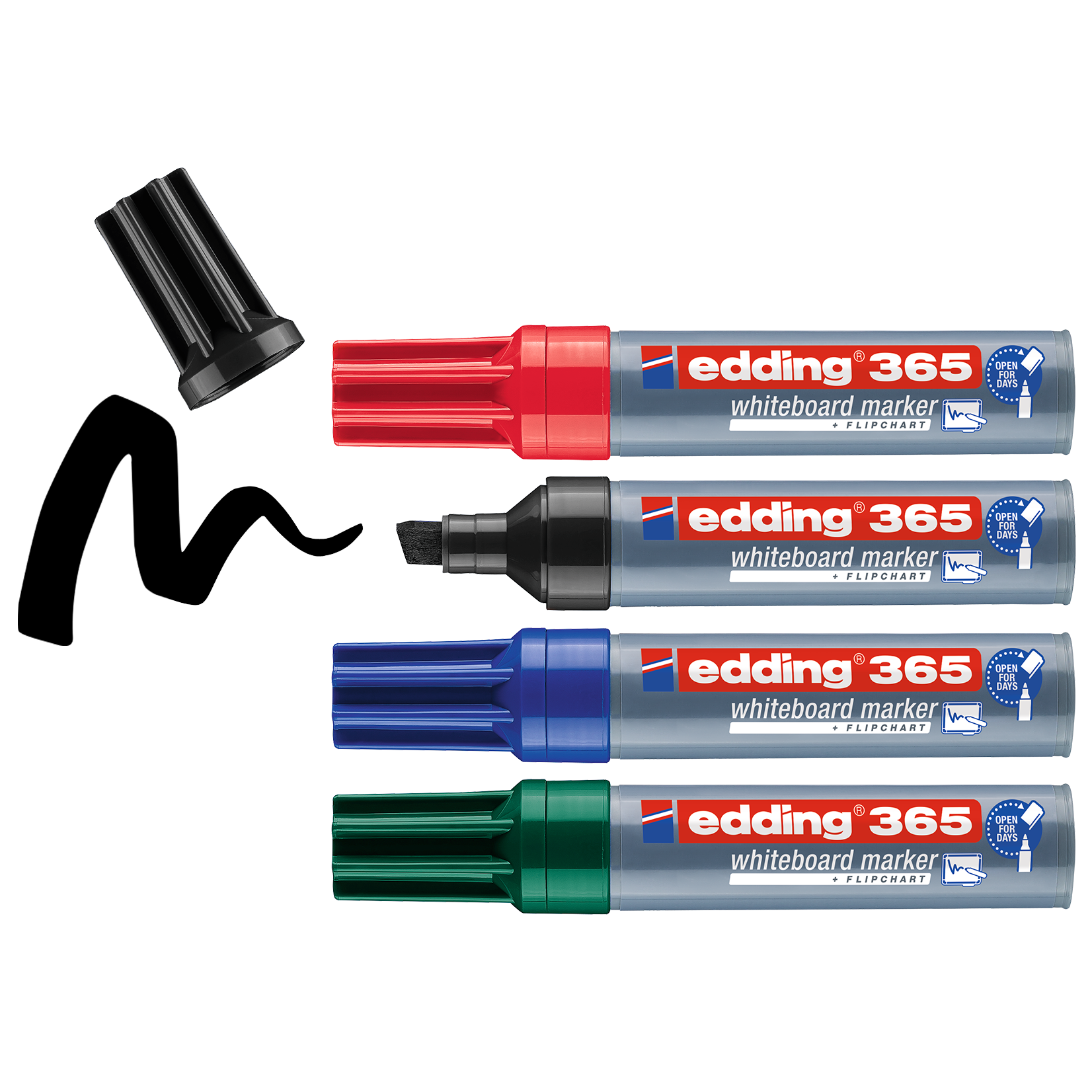 Das edding 365 Whiteboardmarker 4er-Set von edding ist in den Farben Schwarz, Rot, Blau und Grün erhältlich. Dank der Cap-Off Technologie bleibt der schwarze Marker ohne Kappe einsatzbereit, während die Kappe darüber liegt.