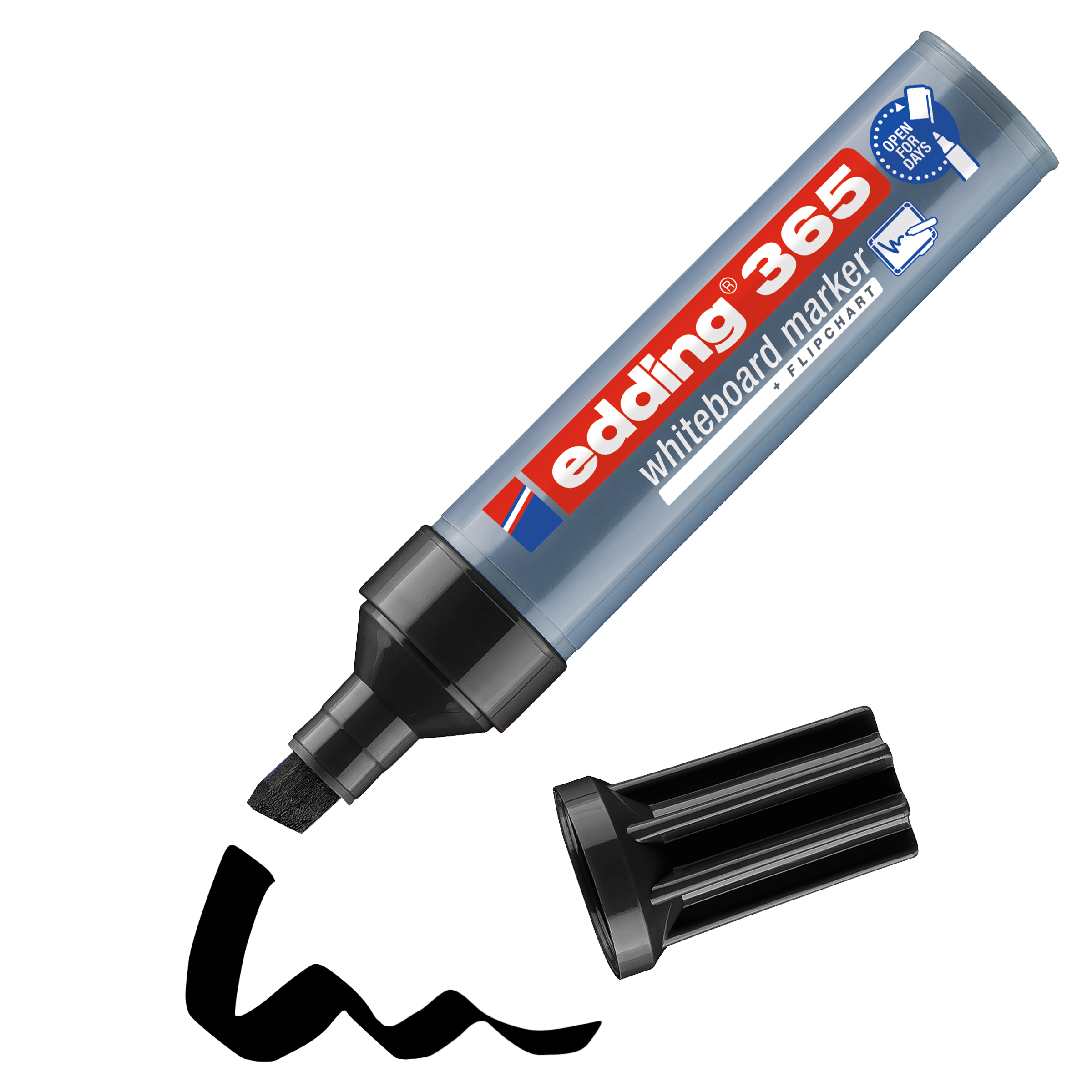 Ein blauer edding 365 Whiteboardmarker von edding ohne schwarze Kappe, daneben platziert, zeigt die Keilspitze und hebt die innovative Cap-Off-Technologie hervor.