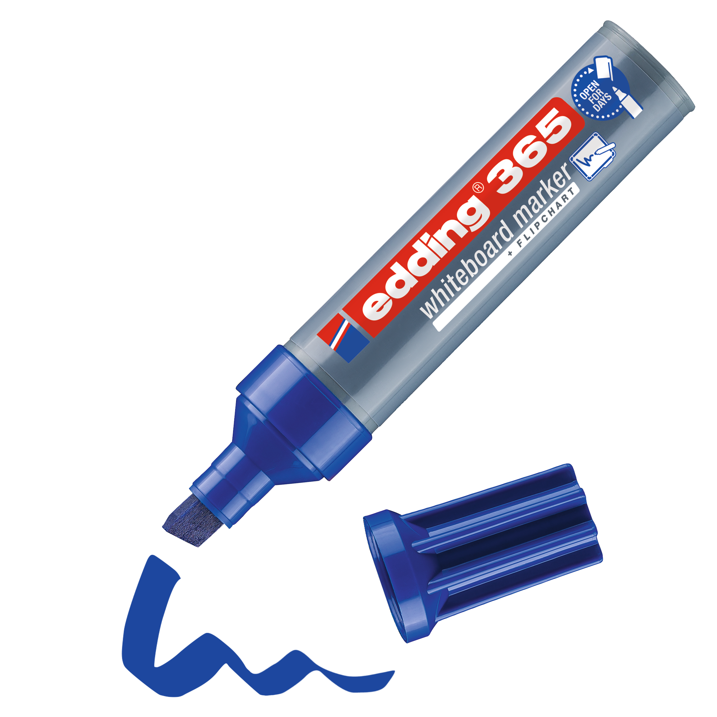 Ein edding 365 Whiteboardmarker von edding mit Cap-Off-Technologie ohne Kappe liegt neben einer von ihm gezeichneten blauen Wellenlinie, die sein Markenzeichen und seine Keilspitze zeigt.