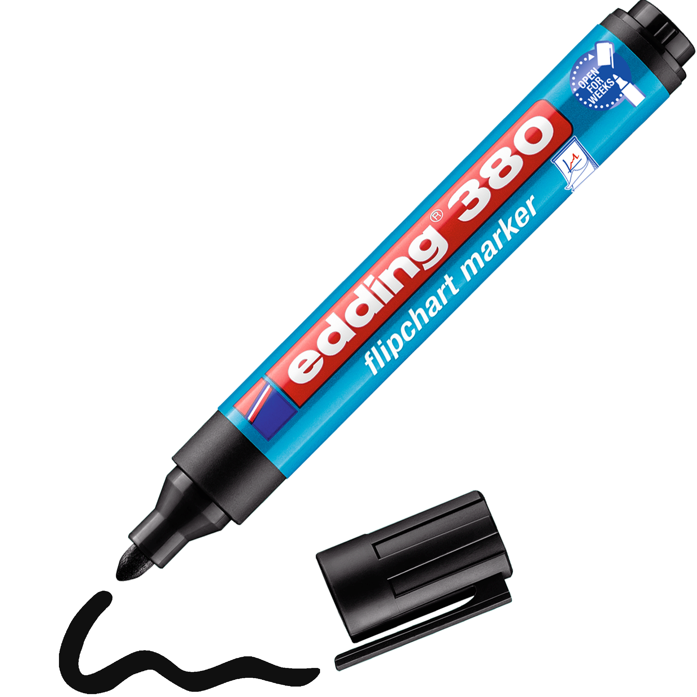 Ein blauer edding 380 Flipchartmarker von edding mit abgenommener schwarzer Kappe daneben und einer gewellten schwarzen Linie aus Spezialtinte, die die Tintenfarbe veranschaulicht – perfekt für Präsentationen.