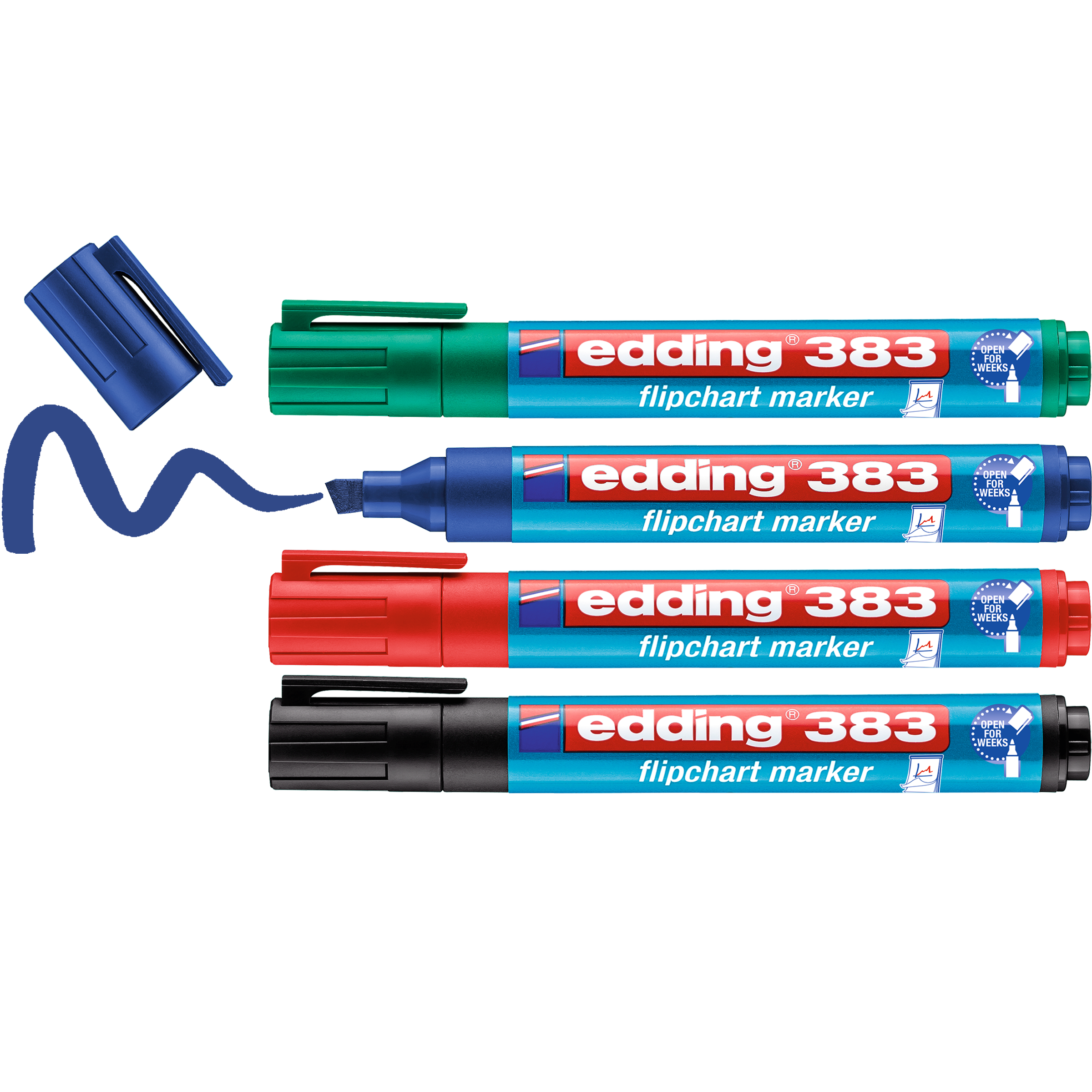 Das edding 383 Flipchartmarker 4er-Set von edding enthält grün, blau, rot und schwarz – perfekt für Präsentationen & Workshops. Der blaue Marker zeigt offen seine kräftige Linie, die anderen sind mit Kappen verschlossen.