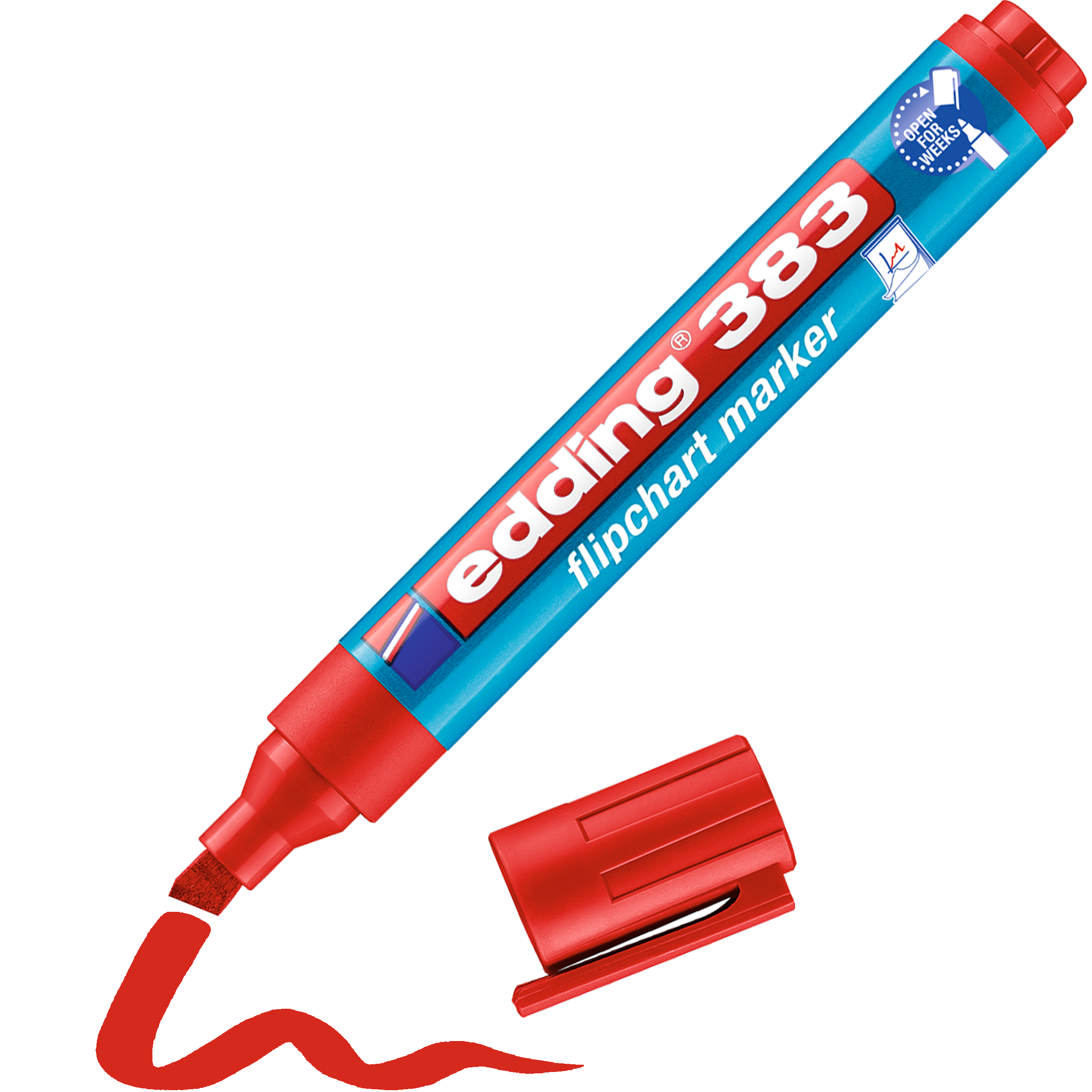 Ein roter edding 383 Flipchartmarker mit Spezialtinte, offener Kappe und einer wellenförmigen roten Linie, die von der Keilspitze ausgeht. Der Marker hat ein blaues Gehäuse mit weiß-rotem Text – ideal für lebendige Präsentationen.