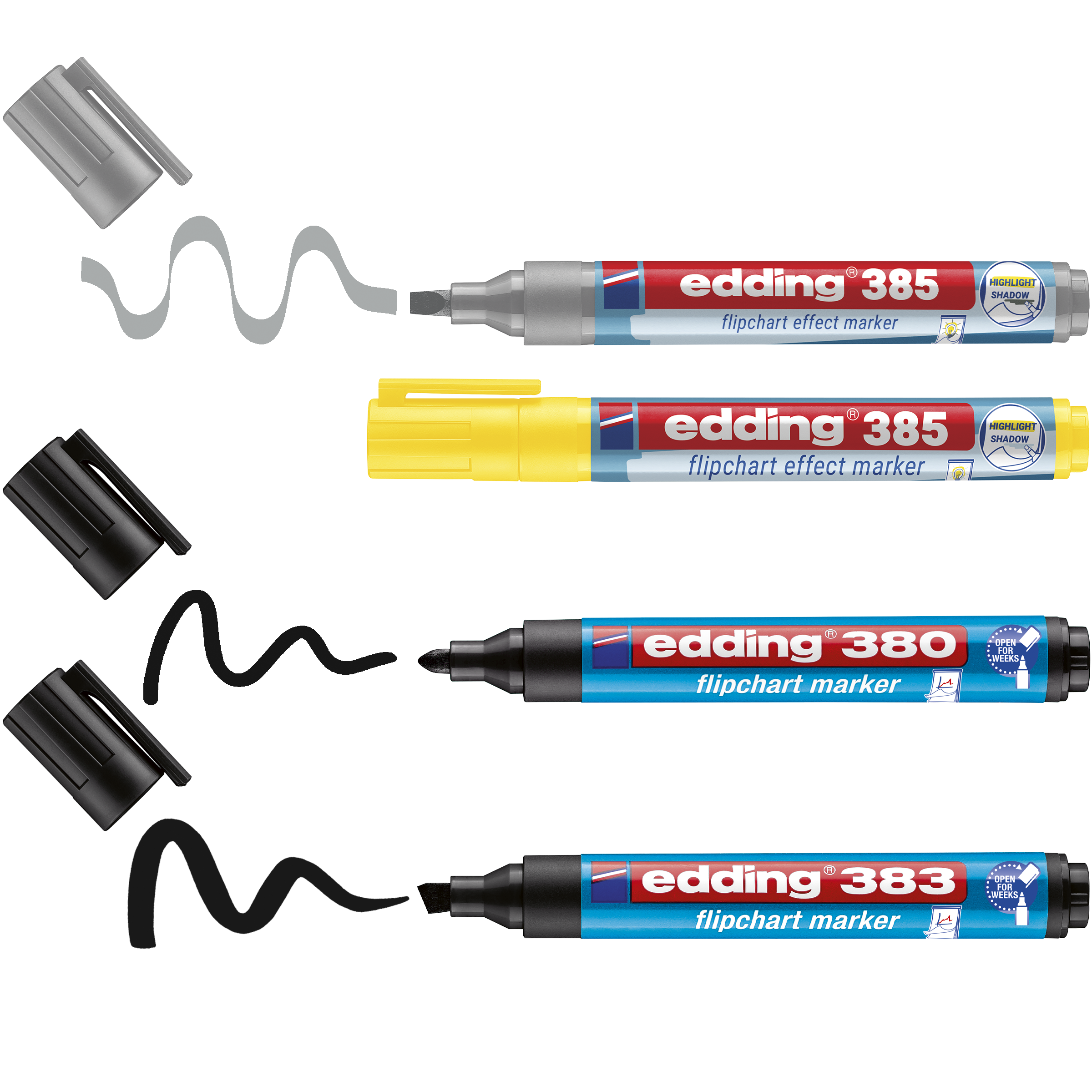 Das edding Flipchartmarker 4er-Set Highlighting + Shading von edding ist ohne Kappe in Grau, Gelb und zwei Schwarztönen abgebildet. Jeder Marker zeichnet eine Welle, um seine Tintenfarbe und Spitzenform zu veranschaulichen. Kappen liegen neben den Markern.