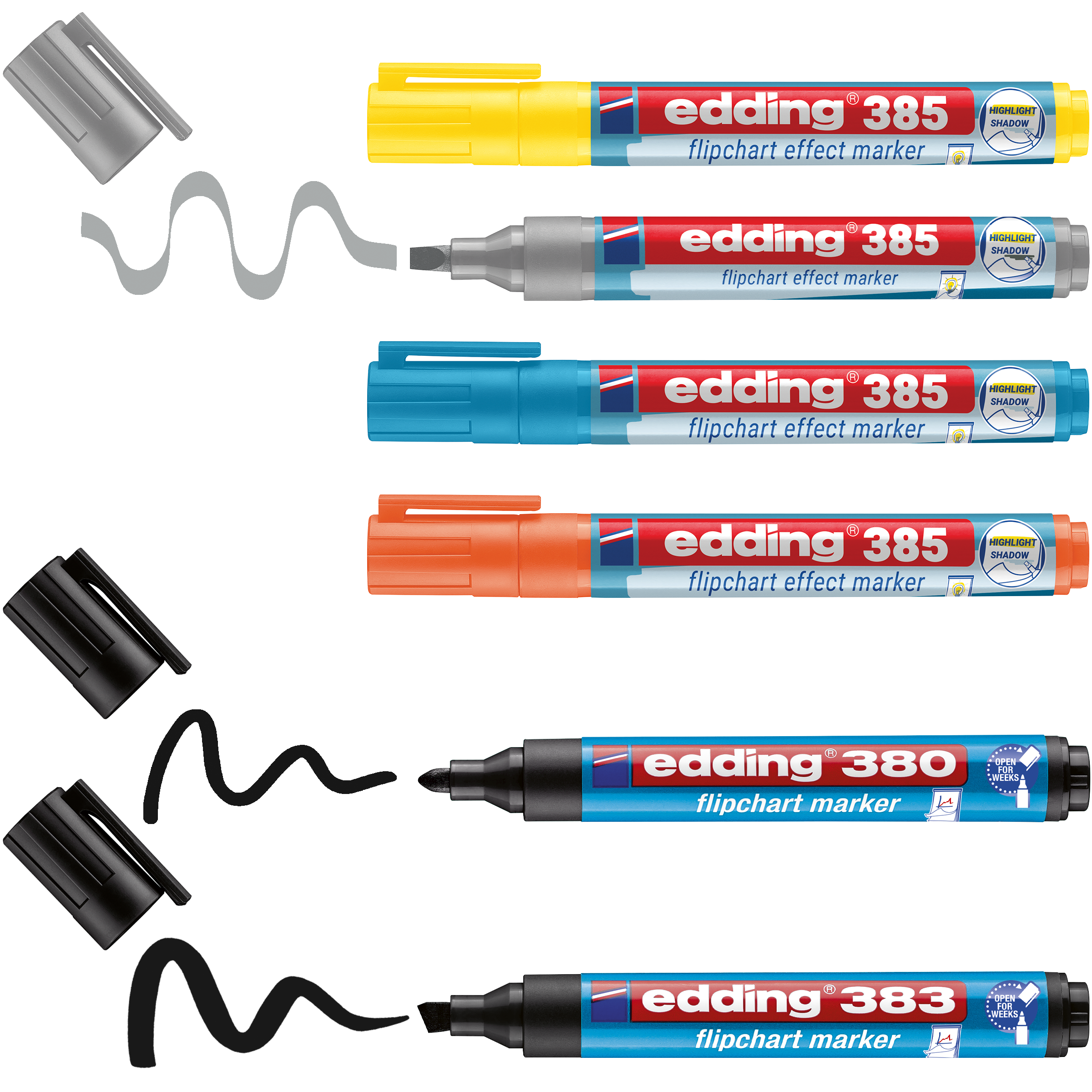Gemischtes Set Flipchartstifte mit 4 edding 385 Flipchart Effektmarkern in geln, grau, blau und orange sowie 1 edding 380 und edding 383 FLipchartmarker in schwarz
